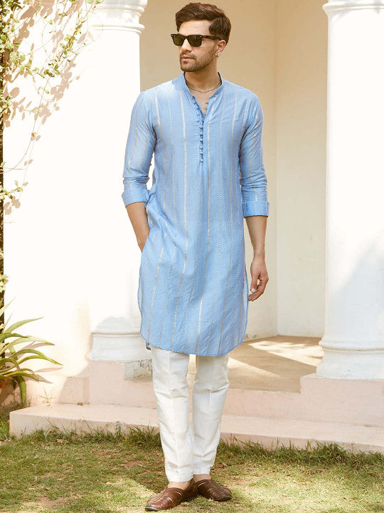 See Designs Mandarin Collar Long Sleeves Sequined Straight Kurta with Pyjama