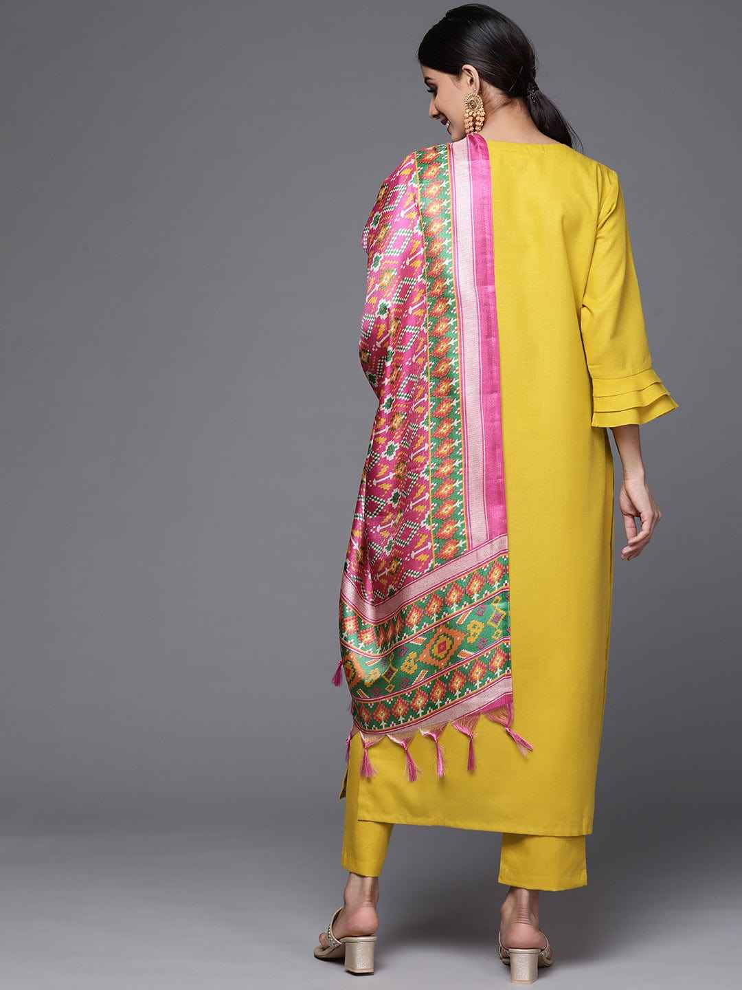 Women Yellow Yoke Design Kurta With Trousers And Dupatta Set
