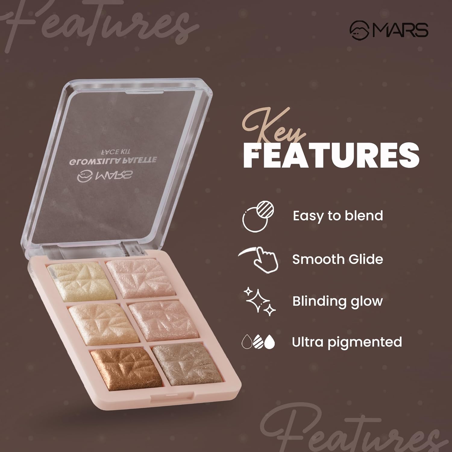 MARS Glowzilla 6 Colour Highlighter Palette | Ultra Blendable & Long Lasting | Blinding Glow (12.0gm) (Shade-03)