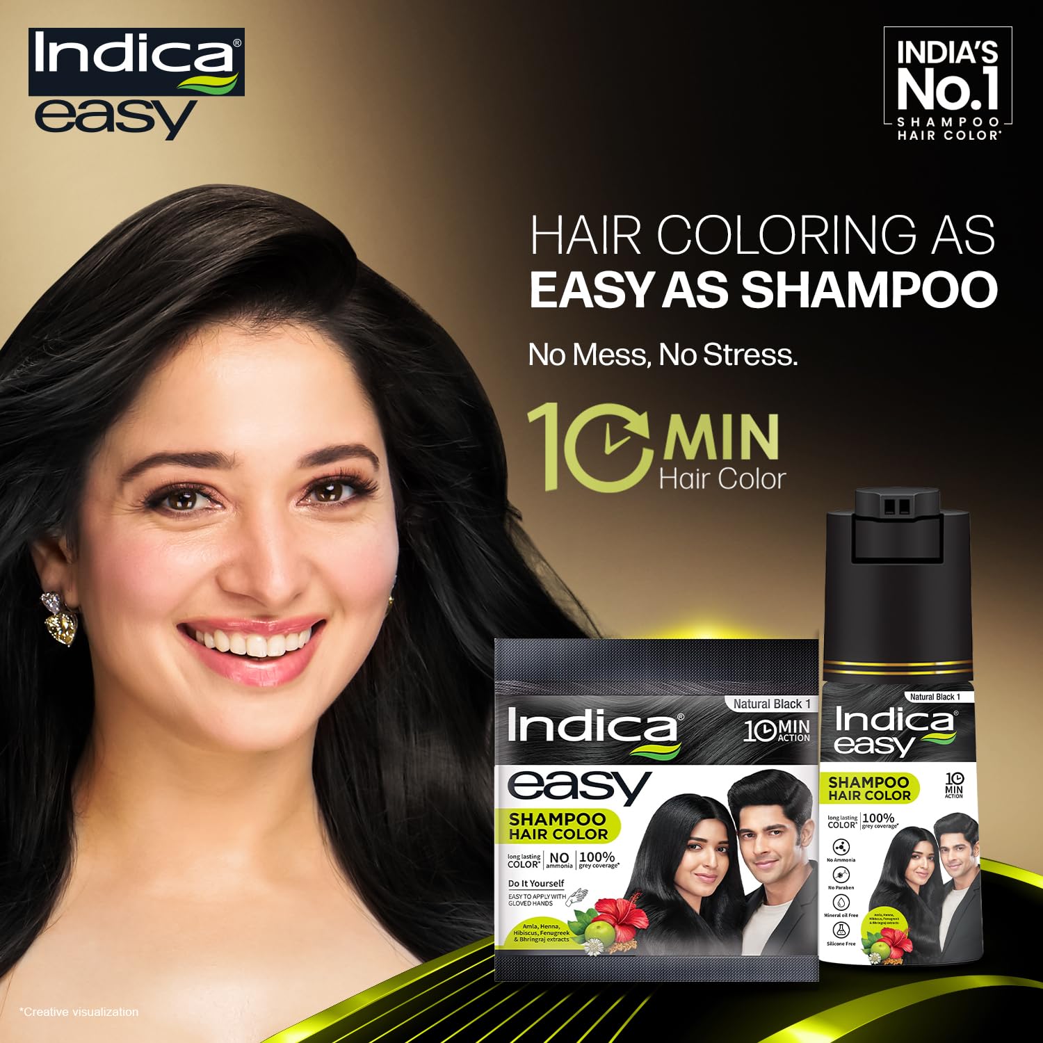 Indica Easy Do-It-Yourself Hair Color Shampoo Pump Pack with 5 Herbal Extracts and 100% Ammonia Free, Long Lasting Formula, 180 ML - Natural Black Colour (Gloves Included)