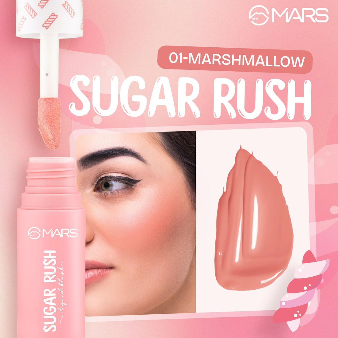 MARS Sugar Rush Liquid Blush (4.5ml) (01-MARSH MALLOW) | High-Pigmentation | Lightweight Formula | Dewy Matte Finish | Long-Lasting | Smooth Radiant Glow | Easy Doe-Foot Applicator