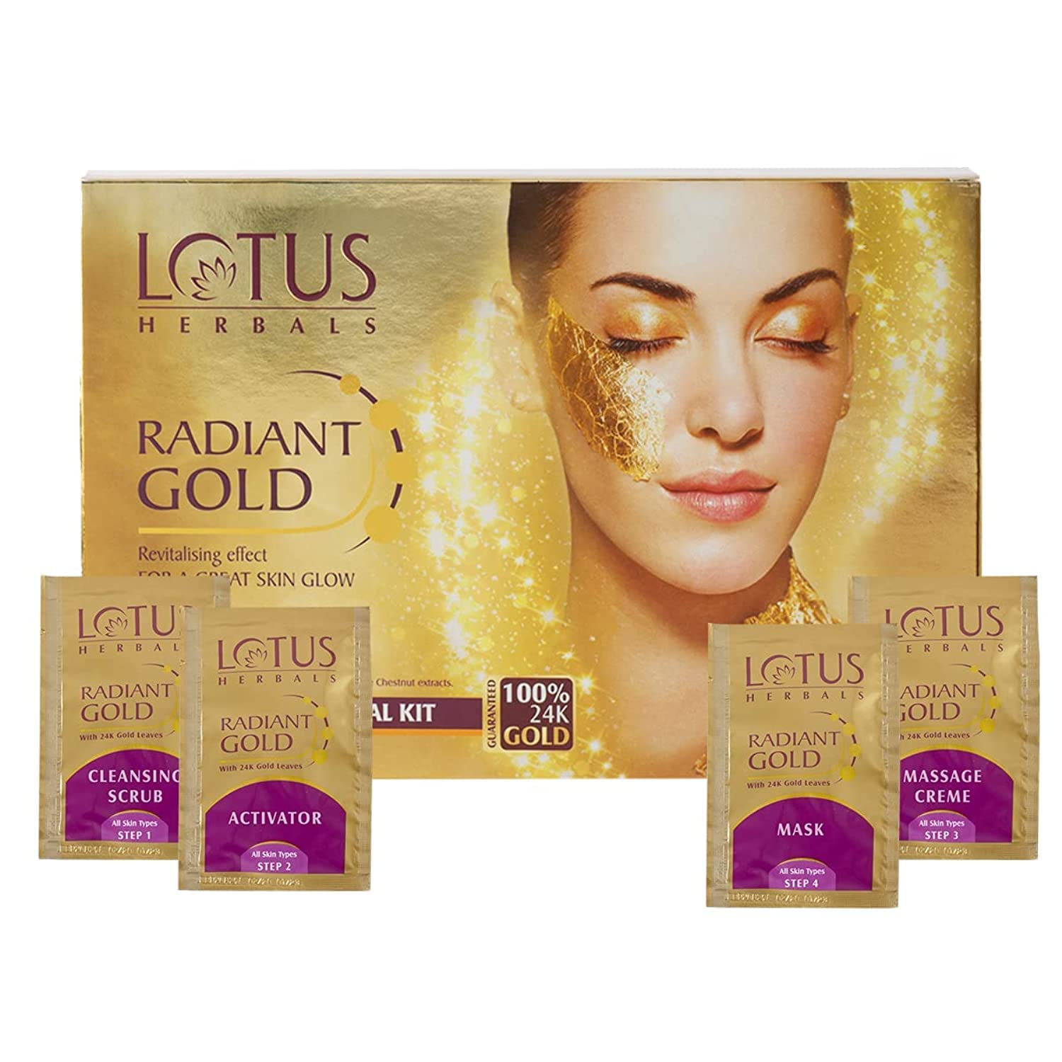 Lotus Herbals Radiant Gold Cellular Glow 1 Facial Kit | With 24K Gold Leaves | For Natural Golden Glow Skin | 37g - Dhevu