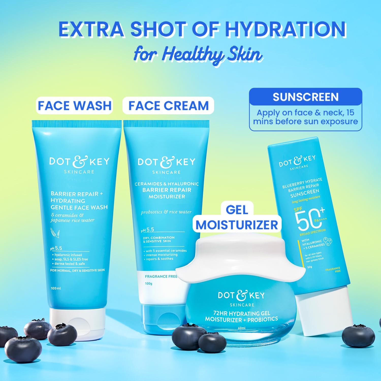 Dot & Key Blueberry Hydrate Barrier Repair Sunscreen Spf 50+,Pa++++|For Dry&Sensitive Skin|Non - Greasy Finish|No White Cast|Uv & Blue Light Protection|Broad Spectrum|For Women&Men|50G, 1 Count