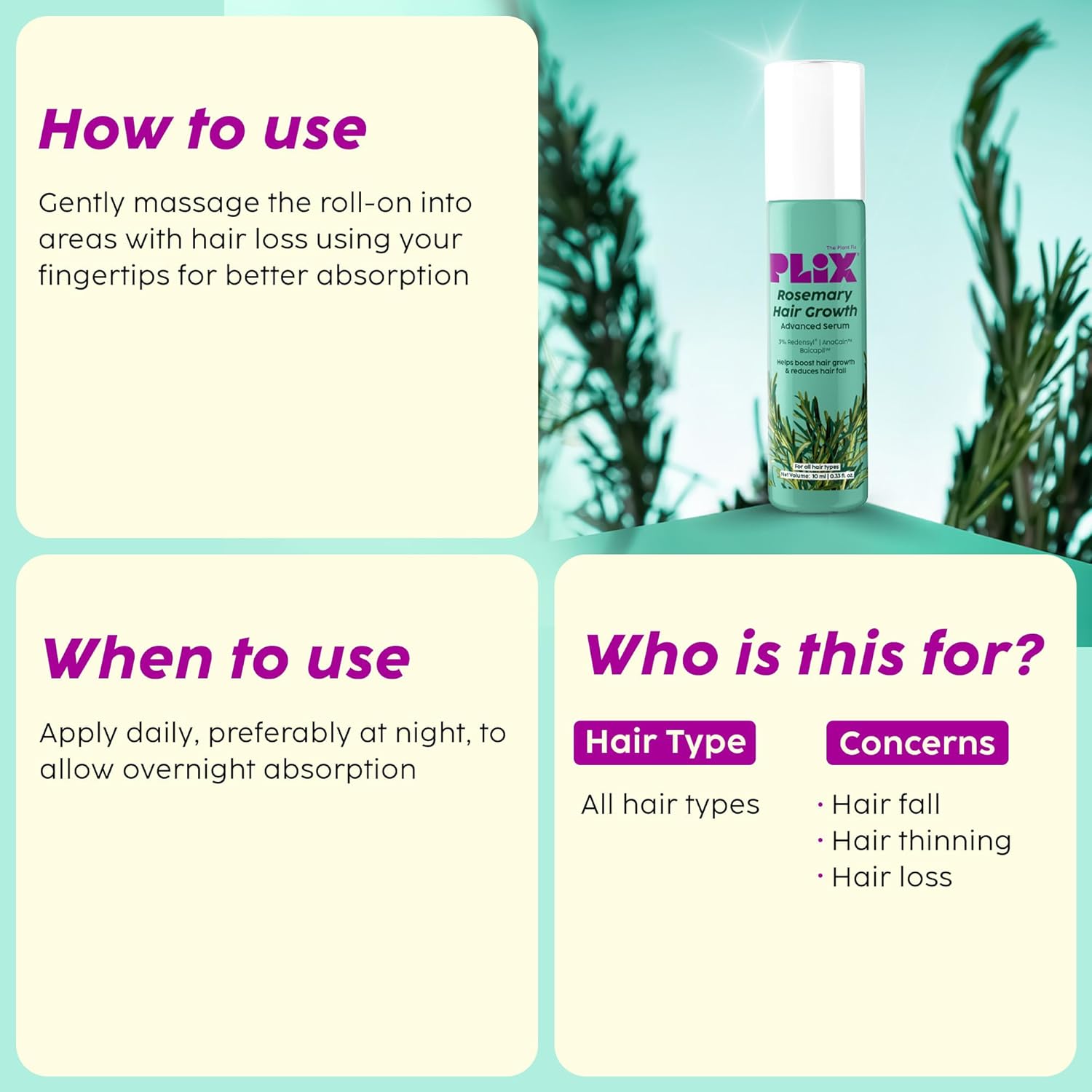 The Plant Fix Plix Rosemary Hair Growth Advanced Serum Roll-On | With 3% Redensyl®, 4% AnaGain™ & 3% Baicapil™ | Easy to Use | Mess-free | Prevents Hair Fall & Stimulates Hair Follicles | For All Hair Types | 10ml