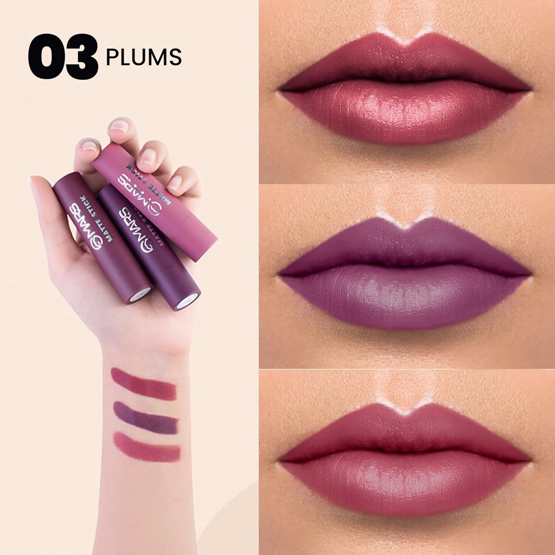 MARS Matte Box Set of 3 Lipsticks for Women | Long-Lasting | Smooth Finish | Moisturising | One Swipe Pigmentation (3x3.2 gm) (03-Plum)