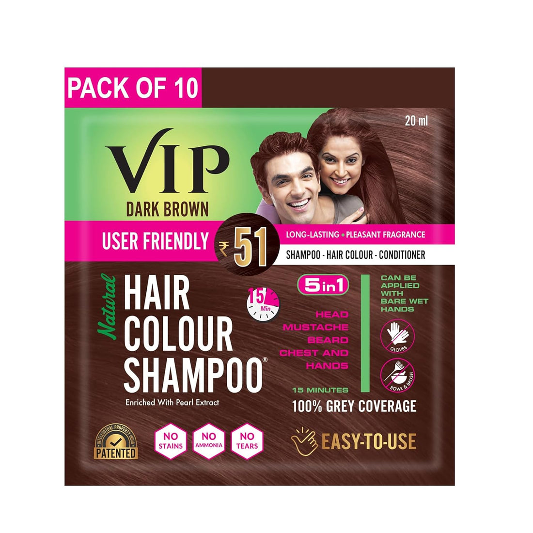 VIP Hair Color Shampoo for Men and Women 200ML (Dark Brown) (20ML Pack of 10)