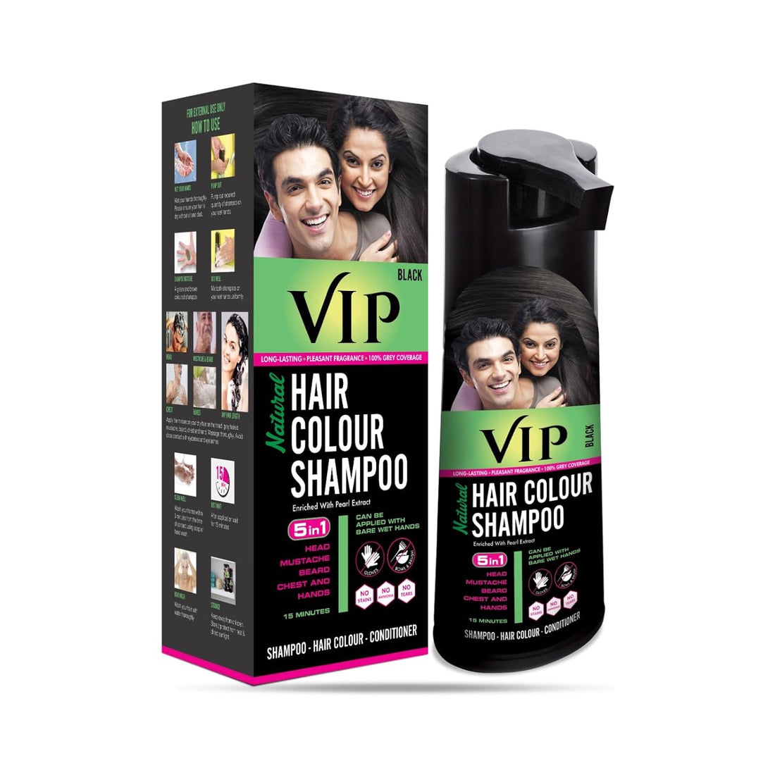 VIP HAIR COLOUR SHAMPOO 180ml Black for Men & Women | Alternate to Hair Dye | Salon Like Hair Color | Instant Beard Color - 100% Grey Hair Coverage