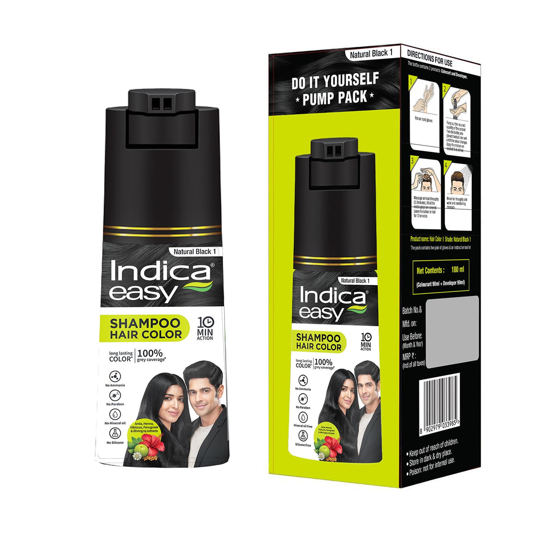 Indica Easy Do-It-Yourself Hair Color Shampoo Pump Pack with 5 Herbal Extracts and 100% Ammonia Free, Long Lasting Formula, 180 ML - Natural Black Colour (Gloves Included)