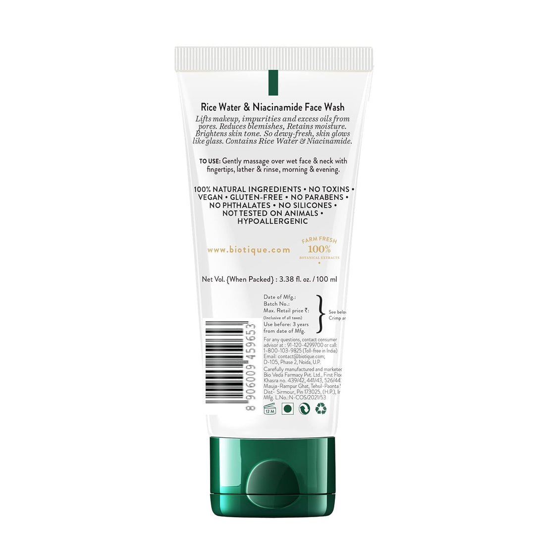 Biotique Rice Water & Niacinamide Gel Face Wash Removes Excess Oils & Reduce Blemishes of the Skin | Glass Skin | For Men & Women - 100ml