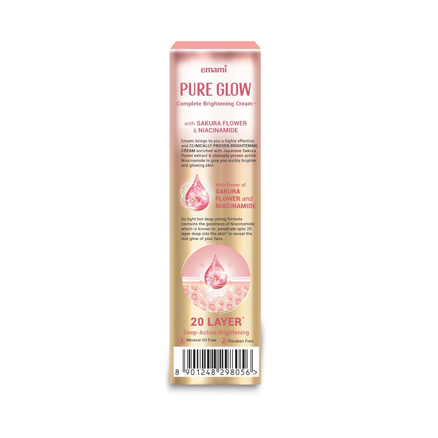 Emami Pure Glow Complete Brightening Cream 50g | with Japanese Sakura Flower & Niacinamide for 2X Brightness & +50% Moisturisation | Mineral-Oil Free, Paraben-Free