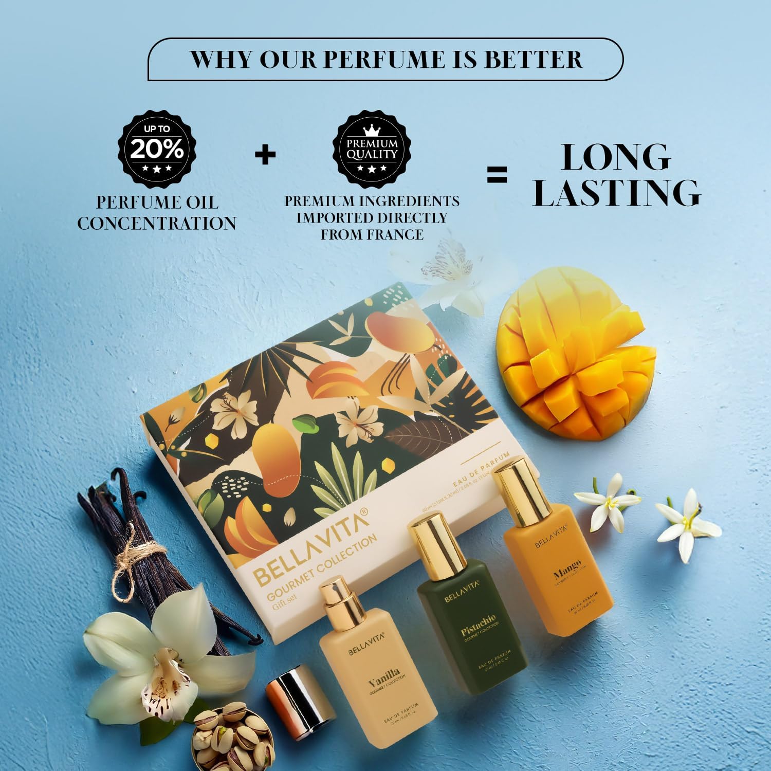 BELLAVITA Gourmet Collection Gift Set 3x20ml | Long Lasting Perfume for Man and Woman | Vanilla, Mango and White Musk | Fruity Fragrance for Men & Women