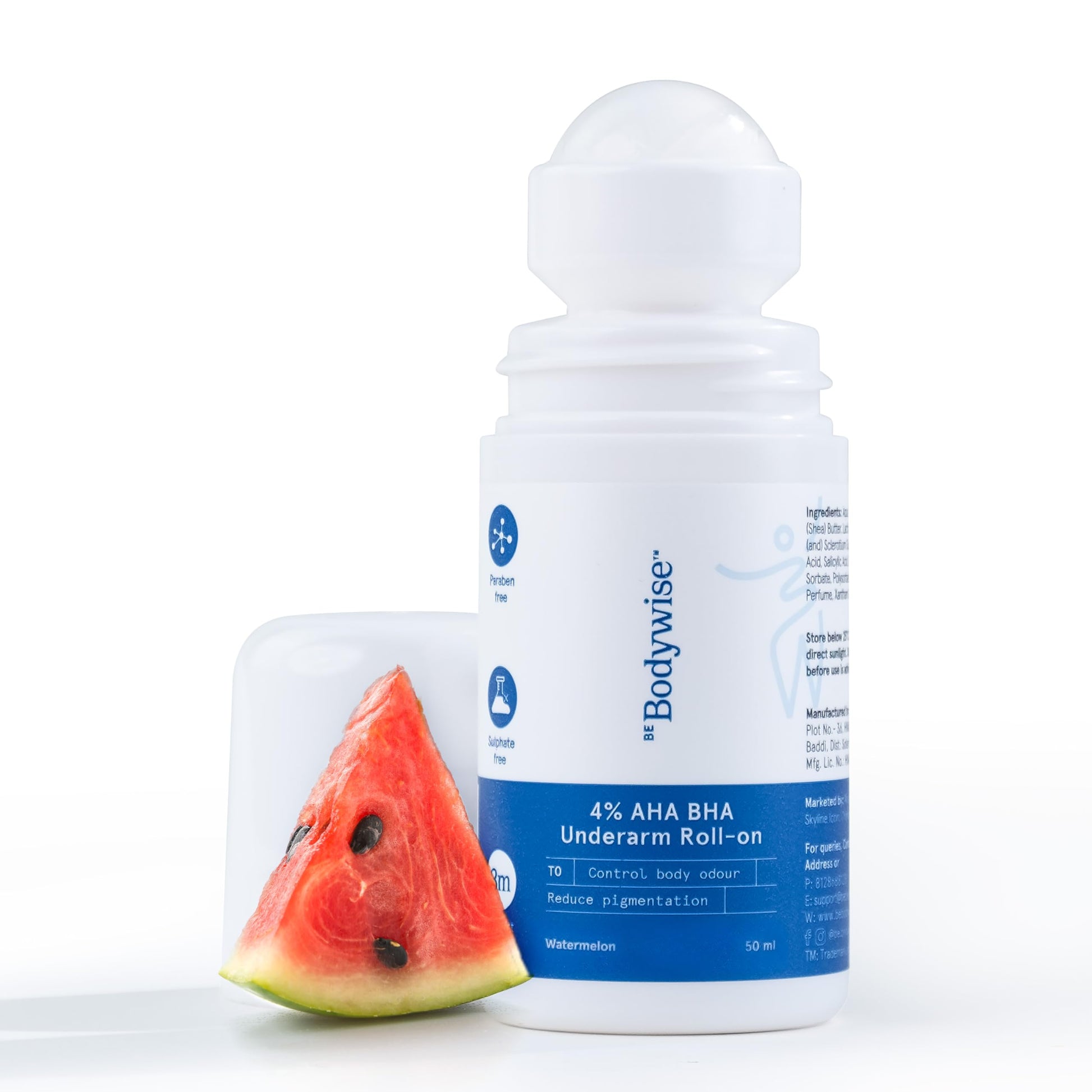 Be Bodywise 4% Aha Bha Underarm Roll On 50ml | 2% Lactic Acid, 1% Mandelic Acid, 1% Salicylic Acid | Controls Odour & Reduces Pigmentation | 0% Alcohol & 0% Aluminium | Aqua Fragrance