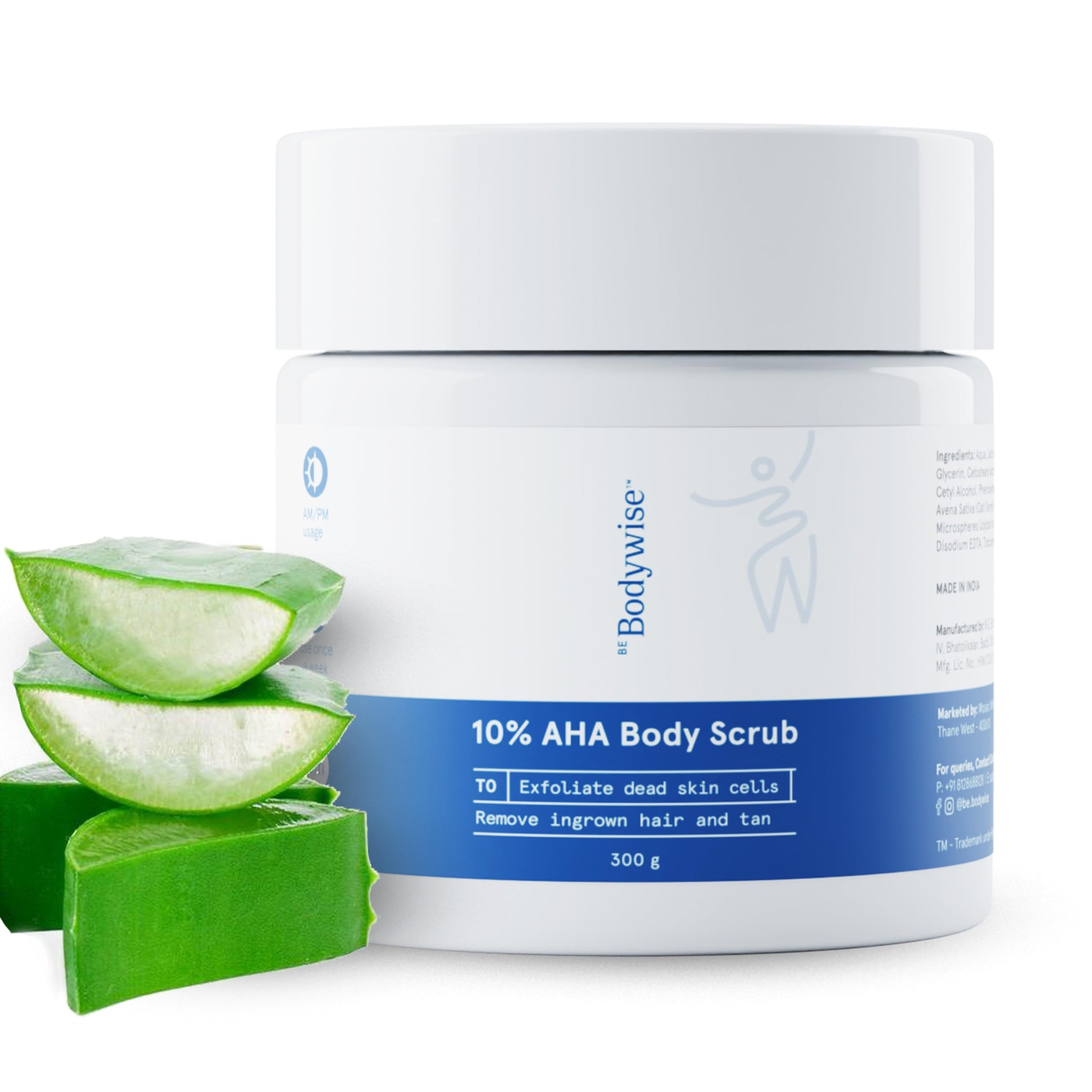 Be Bodywise 10% Lactic AHA Exfoliating Body Scrub 200g | Tan Removal & Soft-Smooth Skin | De-Tan Bathing Scrub with Centella Water & Aloe Vera, Removes Dirt & Dead Skin from Neck, Knees, Elbows & Arms | All Skin Types