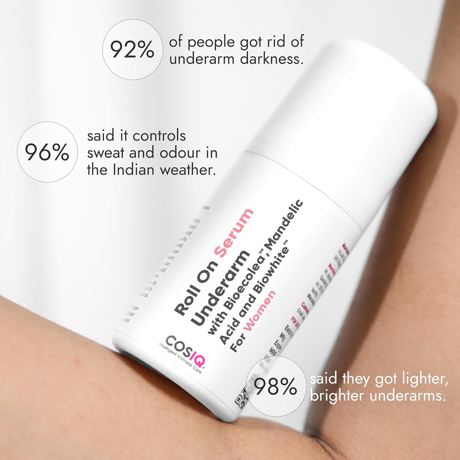 Cos-IQ Brightening Underarm Roll-On Serum for Women, 80ml | With Bioecolea, Mandelic Acid and Bio White | Prevents Body Odour, Brightens Skin & Exfoliates Underarms | 60 Days Pack