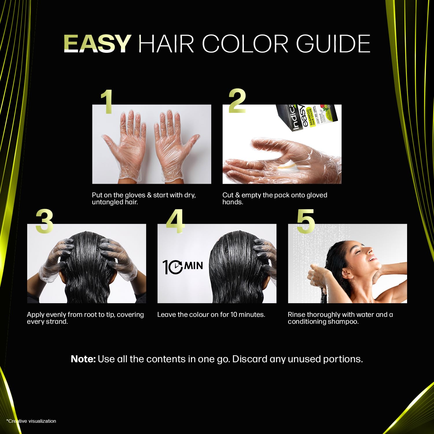 Indica Easy Do-It-Yourself Hair Color Shampoo Pump Pack with 5 Herbal Extracts and 100% Ammonia Free, Long Lasting Formula, 180 ML - Natural Black Colour (Gloves Included)