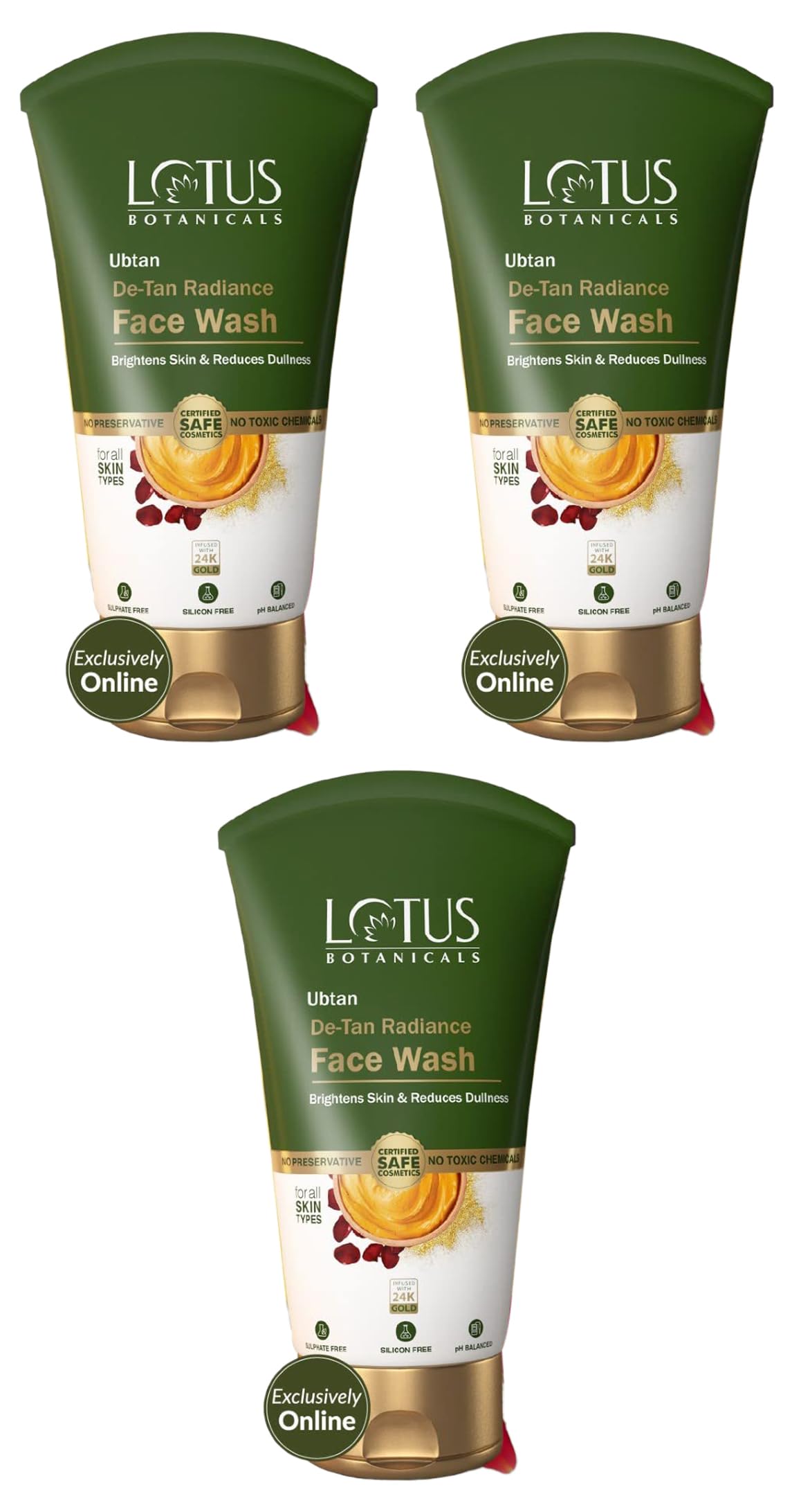 Lotus Botanicals Ubtan De-Tan Radiance Face Wash | Infused with 24K Gold | Bright & Glowing Skin | Removes Tan | No Silicon, No Sulphates, No Parabens, Non-Comedogenic, No Preservatives, No Toxic Chemicals | 100ml