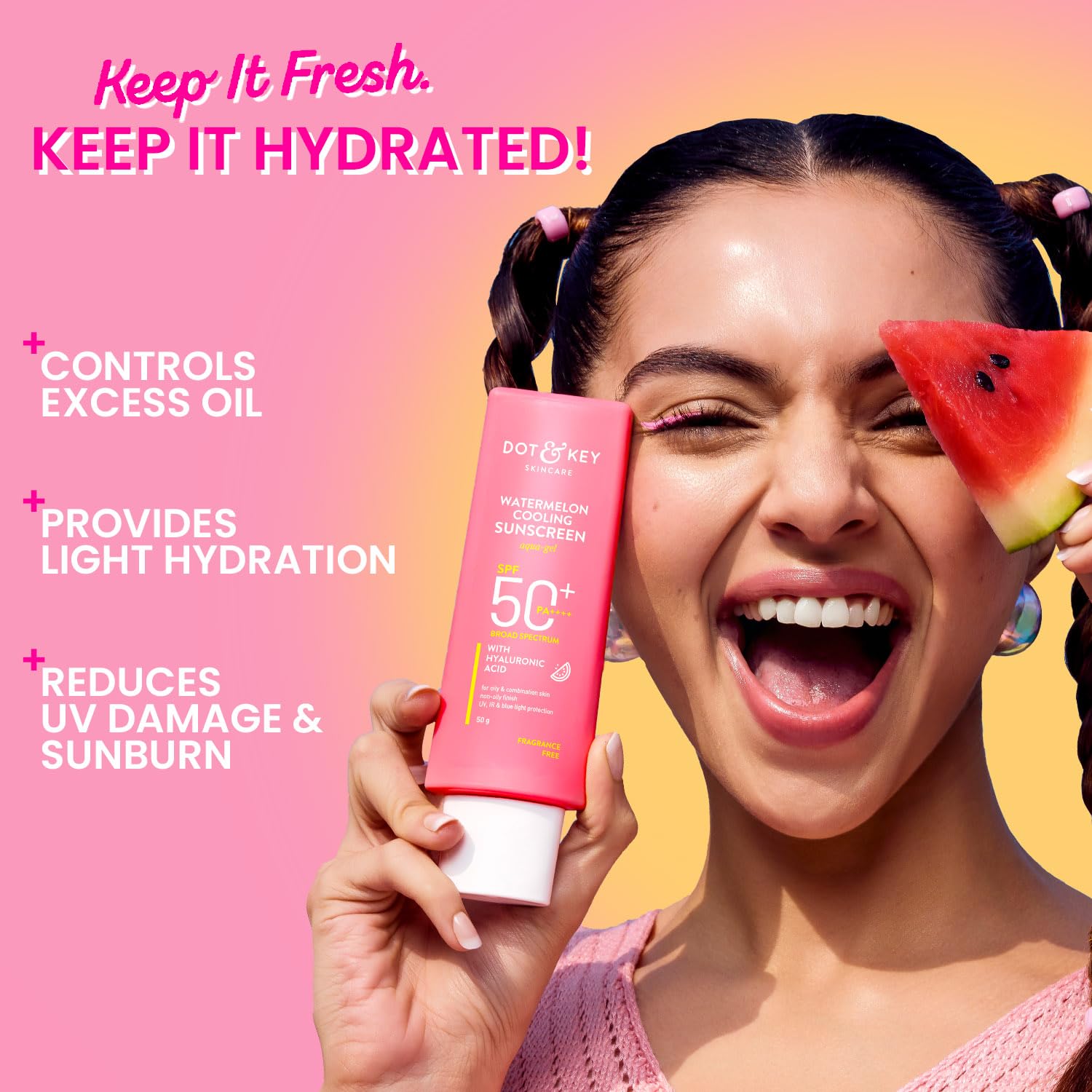 Dot & Key Watermelon Cooling Sunscreen SPF 50+ PA++++ | With Hyaluronic Acid, Instantly Cools Skin, Broad Spectrum Protection | Controls Excess Oil, Checks Tanning, No White Cast, All Skin Types | 50g