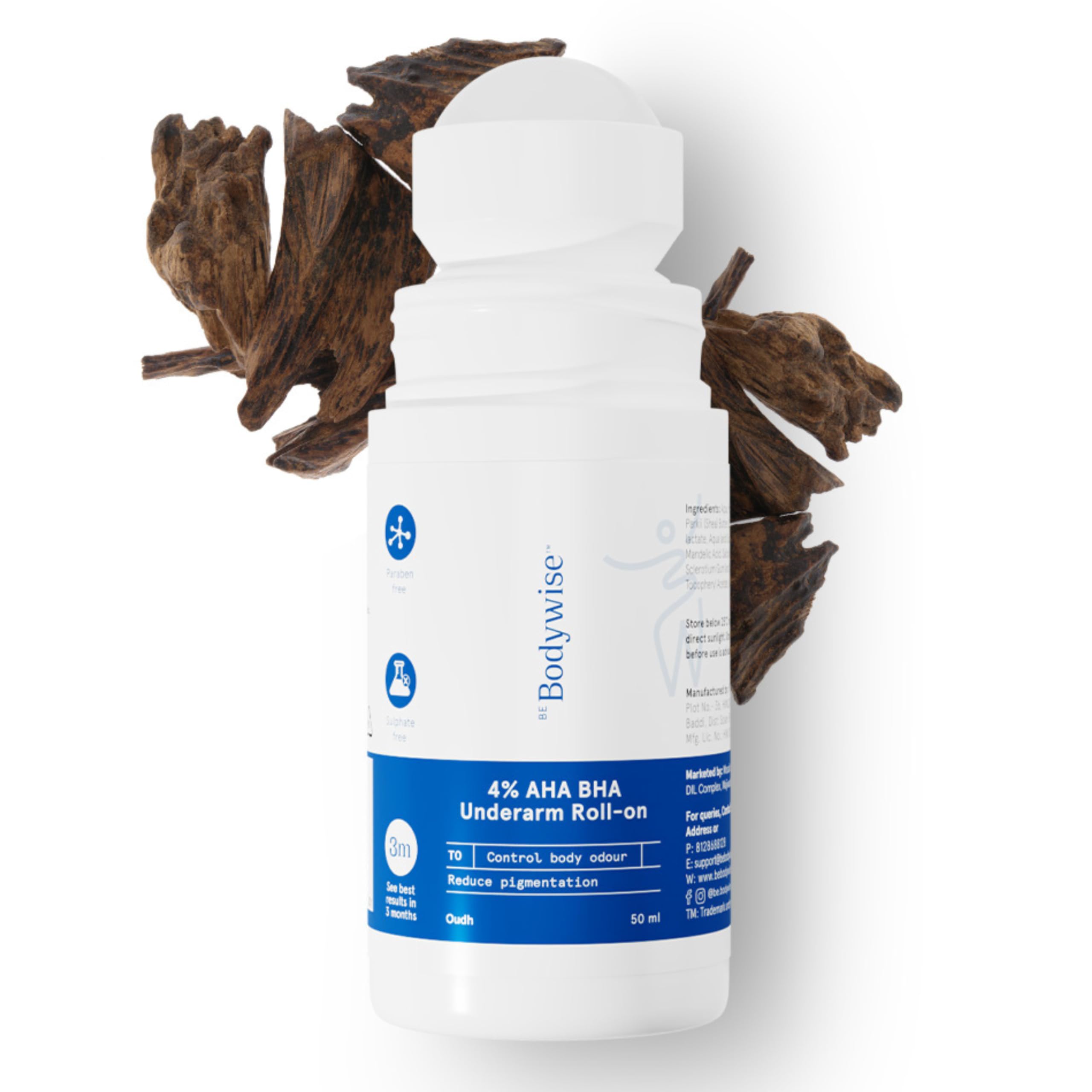 Be Bodywise 4% Aha Bha Underarm Roll On 50ml | 2% Lactic Acid, 1% Mandelic Acid, 1% Salicylic Acid | Controls Odour & Reduces Pigmentation | 0% Alcohol & 0% Aluminium | Aqua Fragrance