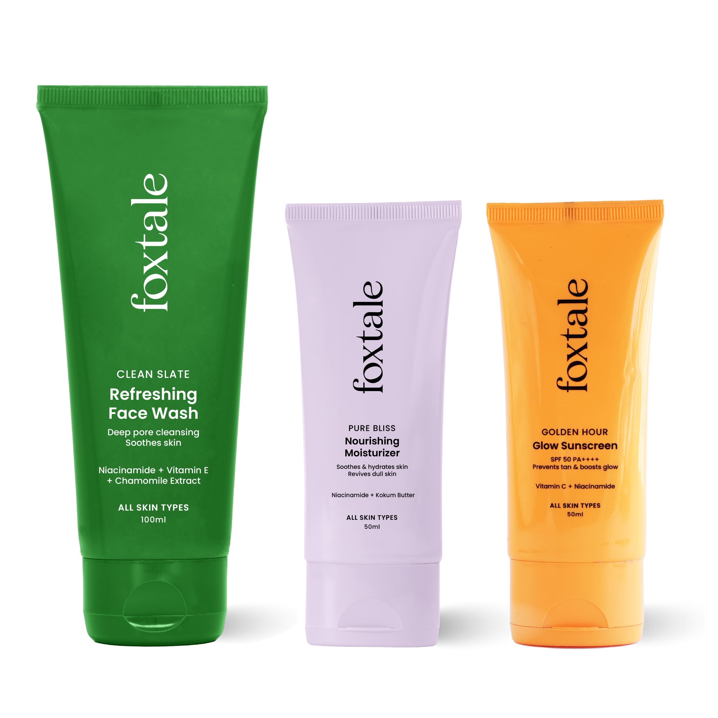 Foxtale Healthy Glow Combo for Soft and Hydrated Skin and a Healthy Golden Glow with Nourishing Moisturizer - 50 ml and Glow Sunscreen - 50 ml, For All Skin Types, Men & Women