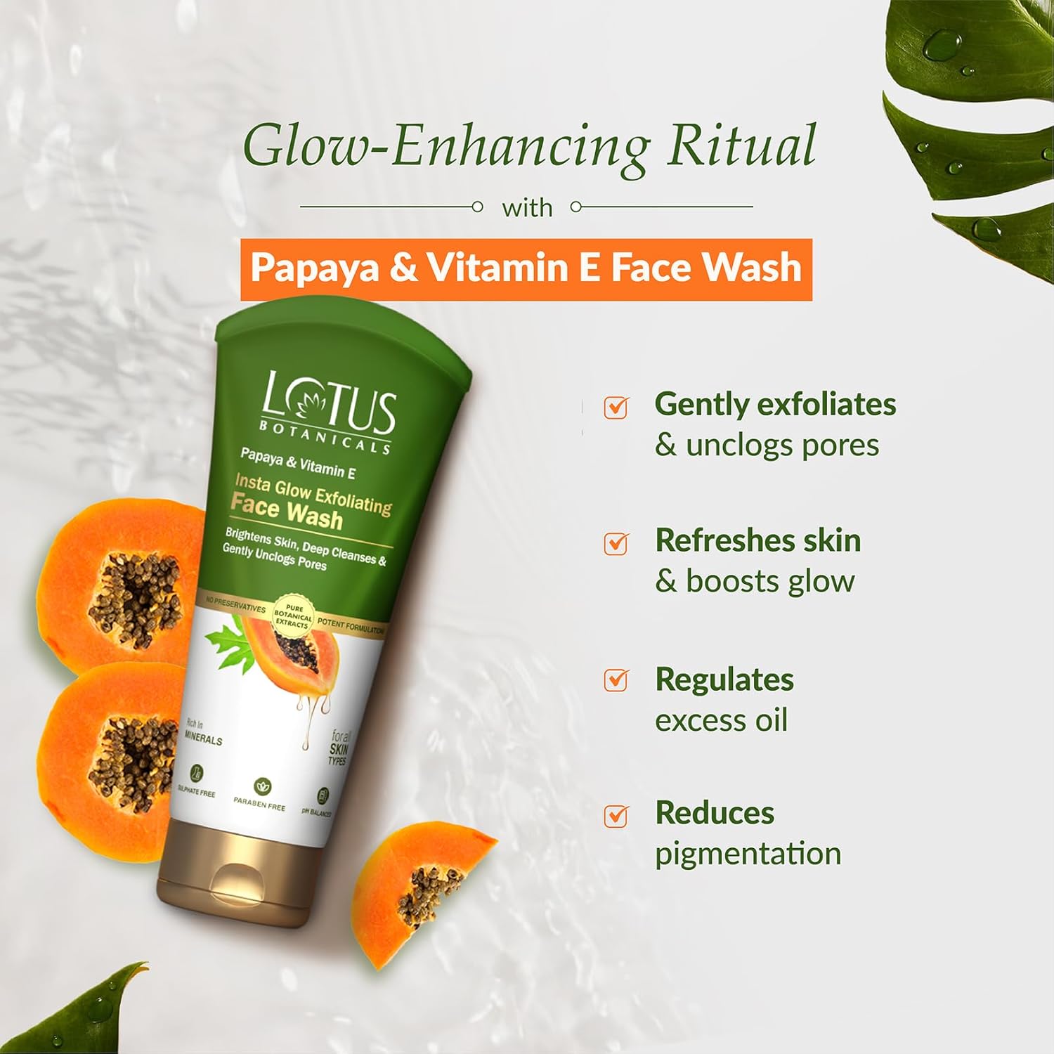 Lotus Botanicals Papaya & Vitamin E Insta Glow Exfoliating Face Wash | Brightens Skin | Deep Cleanses & Gently Unclogs Pores | Rich in MINERALS | Suitable for All Skin Types | 100ml