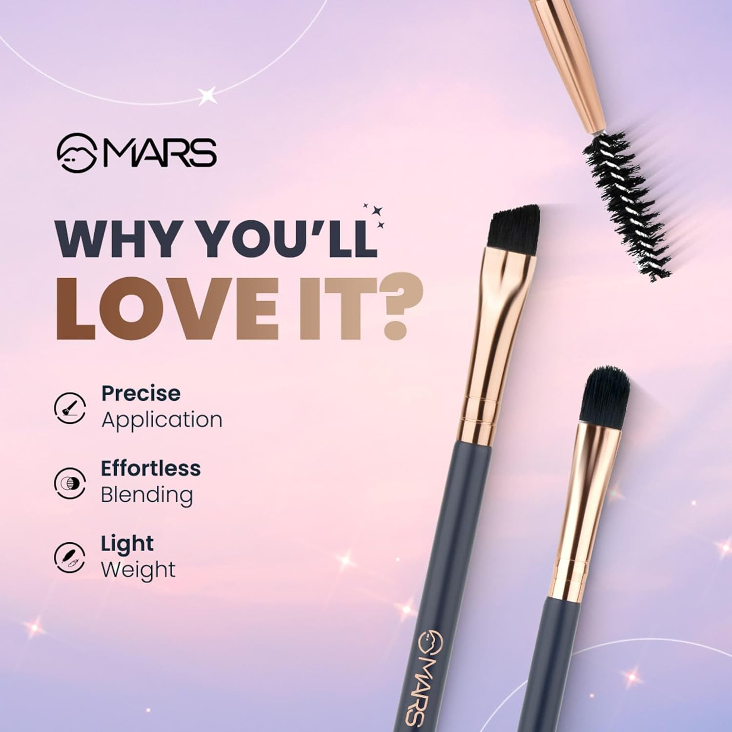 MARS Enchanted Eye Brush Set of 3 | Multipurpose Eye Makeup, Eyebrow & Liner Brushes | Soft Bristles | Compact & Travel Friendly