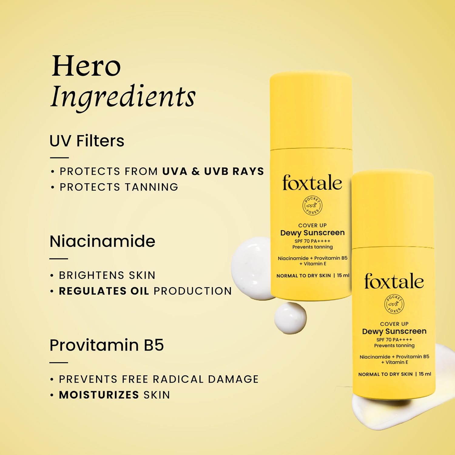 FoxTale Spf 70 Niacinamide Dewy Sunscreen With Pa++++ For Dewy Sun Protection|Tan Protection|Lightenweight|No White Cast|Non Greasy|Anti-Tan Formula|For Spot Depigmentation|Men & Women|15 Ml,All