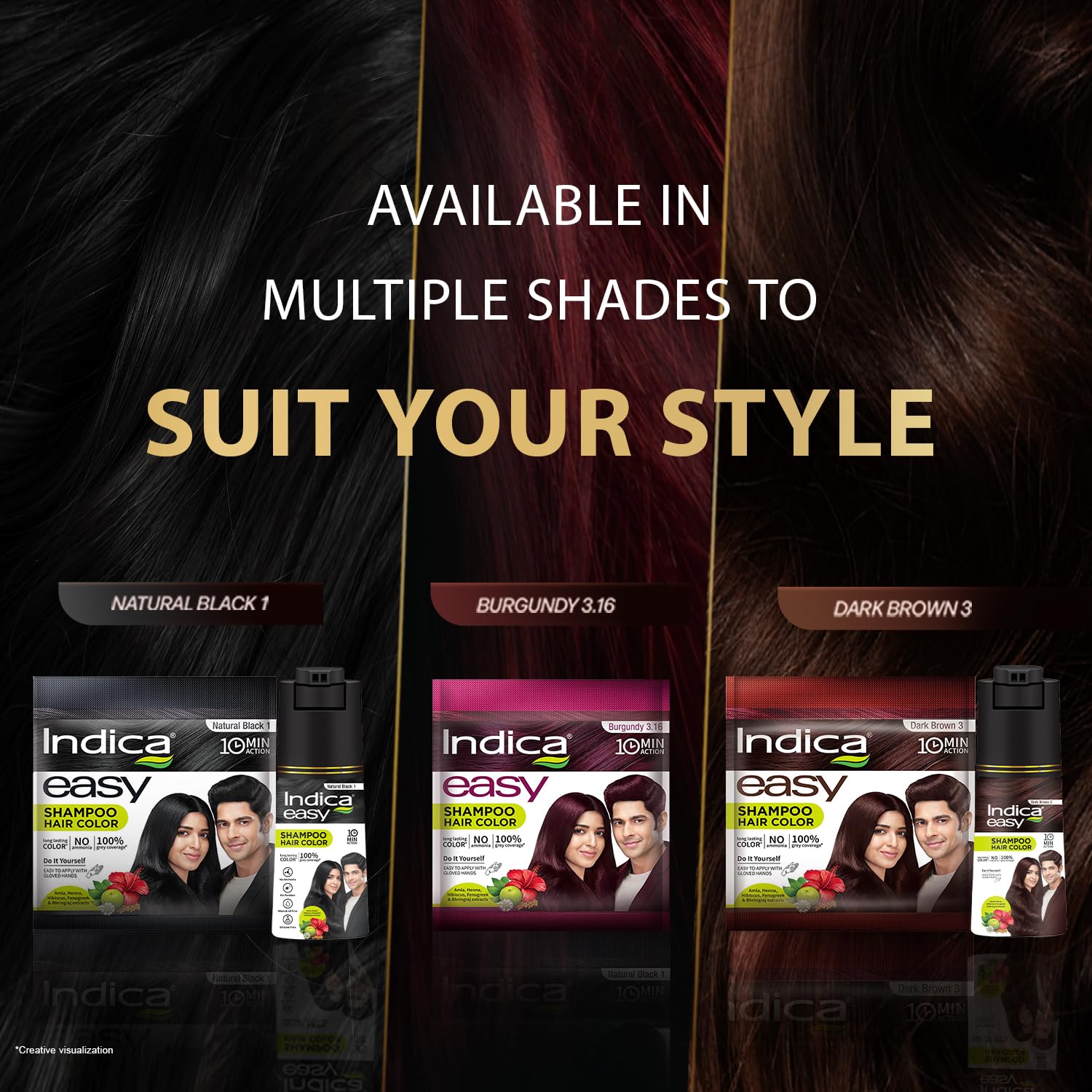 Indica Easy Do-It-Yourself Hair Color Shampoo Pump Pack with 5 Herbal Extracts and 100% Ammonia Free, Long Lasting Formula, 180 ML - Natural Black Colour (Gloves Included)