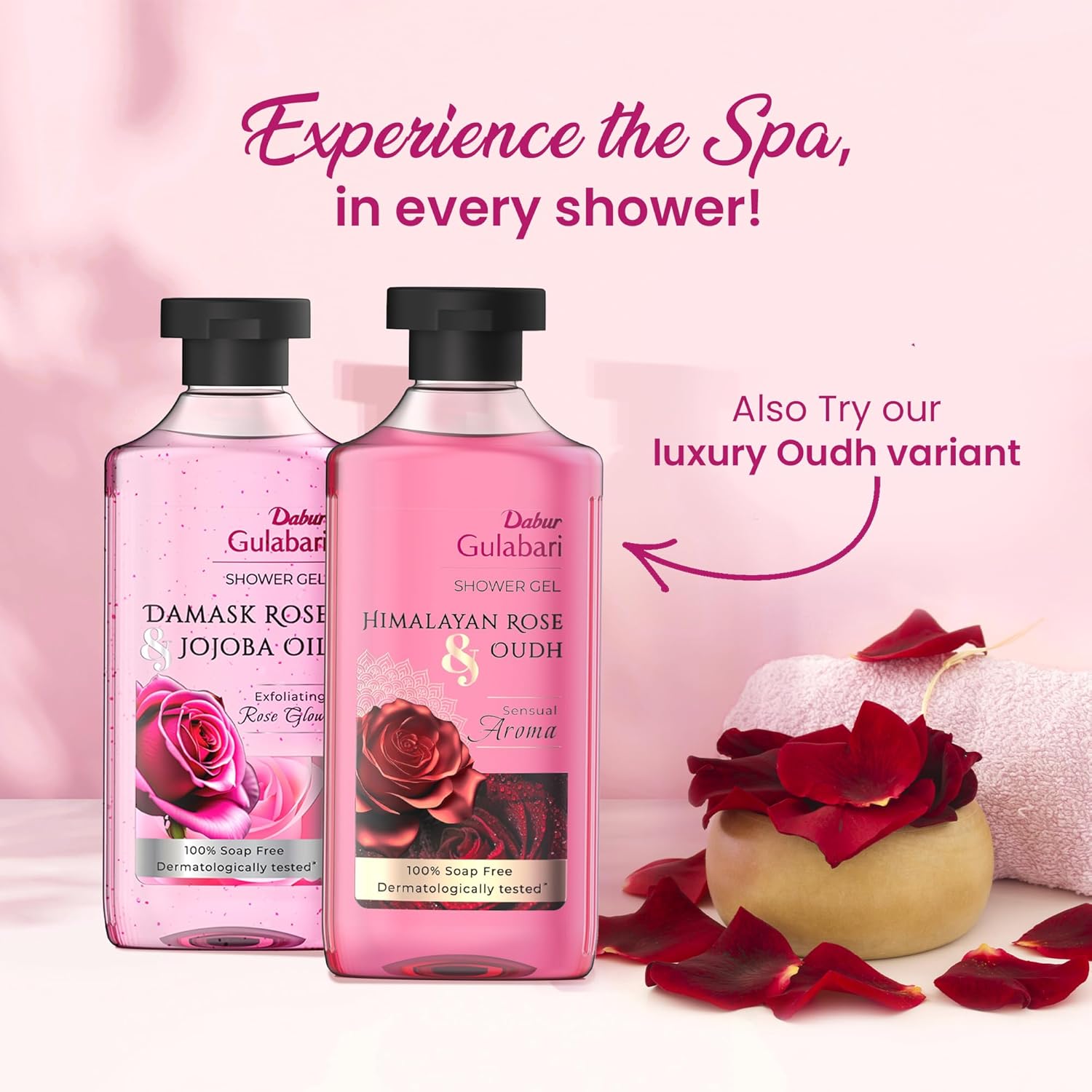 Dabur Gulabari Shower Gel-Damask Rose & Jojoba Oil - 250ml | Roses Extract Beads for Exfoliation | No Parabens & Silicones | 99% Pure Glycerine | 100% soap free body wash