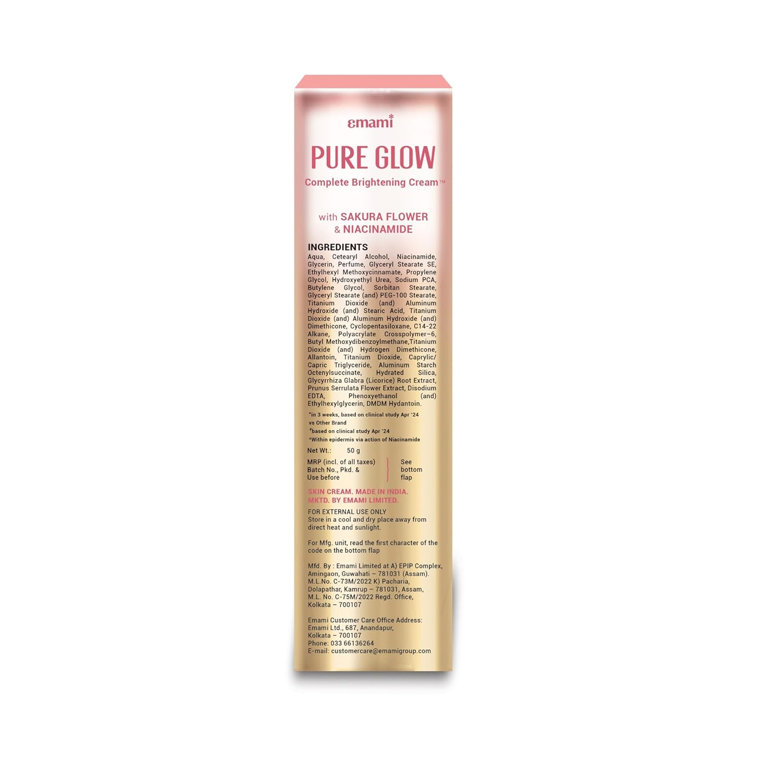 Emami Pure Glow Complete Brightening Cream 50g | with Japanese Sakura Flower & Niacinamide for 2X Brightness & +50% Moisturisation | Mineral-Oil Free, Paraben-Free