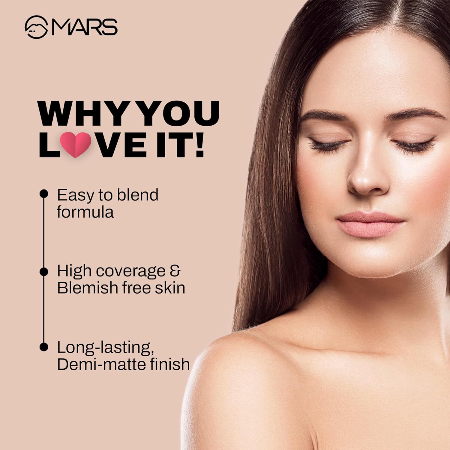 MARS SPF50 PA++++ High Coverage Liquid Foundation | Blemish Free & Blendable Foundation for Makeup (40ml) (SHADE-01)