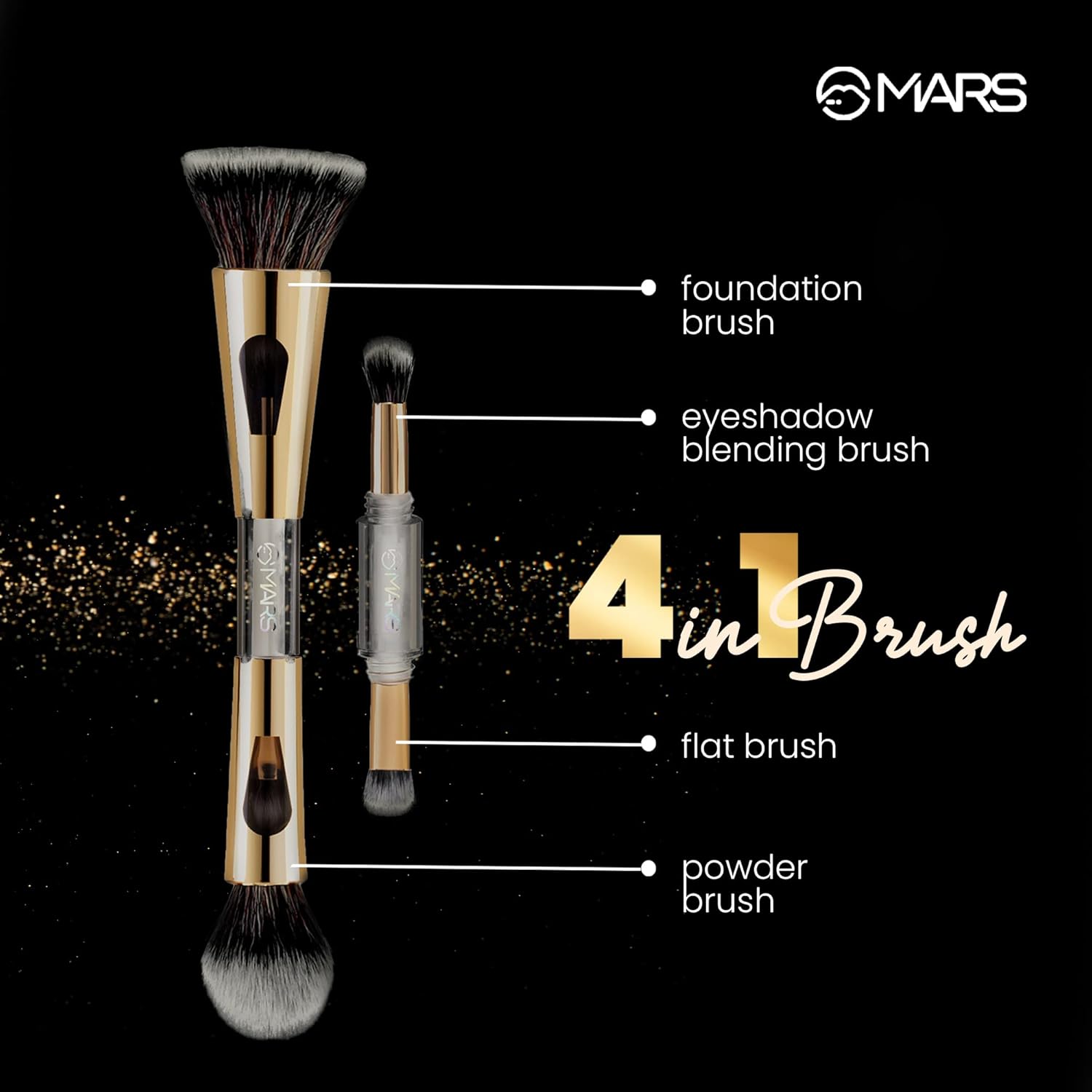 MARS 4 in 1 Travel Brush with Foundation Brush, Powder Brush, Eyeshadow Blending Brush & Flat Brush | Soft Bristles Makeup Brushes Set for Women