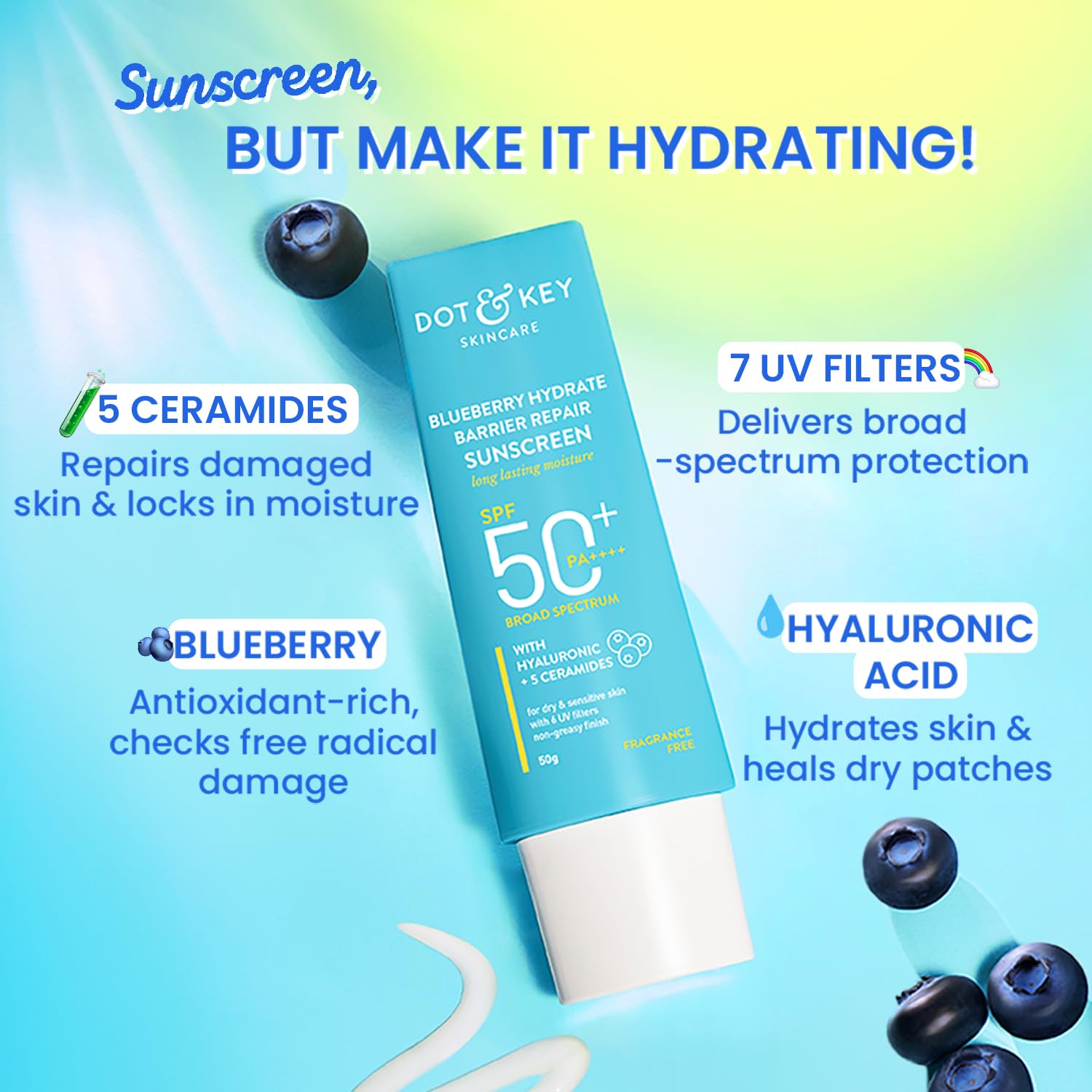 Dot & Key Blueberry Hydrate Barrier Repair Sunscreen Spf 50+,Pa++++|For Dry&Sensitive Skin|Non - Greasy Finish|No White Cast|Uv & Blue Light Protection|Broad Spectrum|For Women&Men|50G, 1 Count