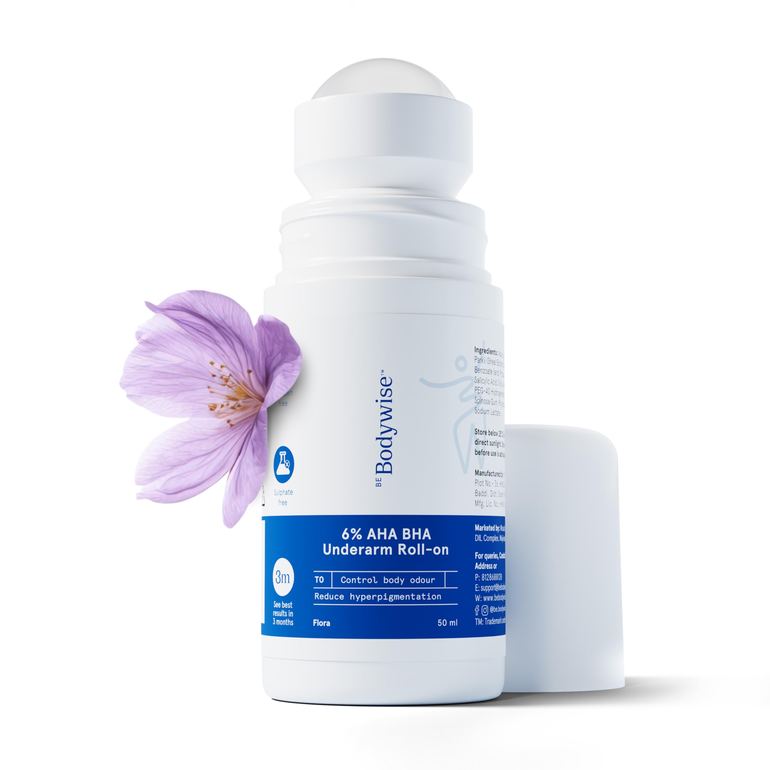 Be Bodywise 4% Aha Bha Underarm Roll On 50ml | 2% Lactic Acid, 1% Mandelic Acid, 1% Salicylic Acid | Controls Odour & Reduces Pigmentation | 0% Alcohol & 0% Aluminium | Aqua Fragrance