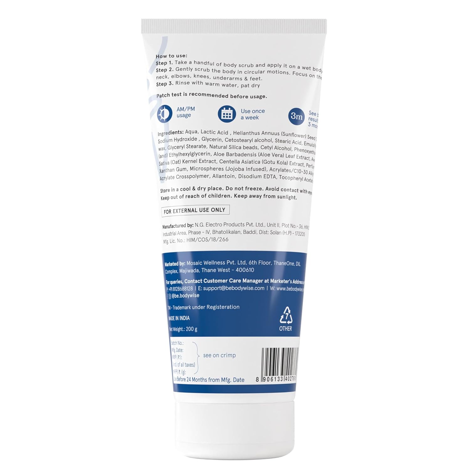 Be Bodywise 10% Lactic AHA Exfoliating Body Scrub 200g | Tan Removal & Soft-Smooth Skin | De-Tan Bathing Scrub with Centella Water & Aloe Vera, Removes Dirt & Dead Skin from Neck, Knees, Elbows & Arms | All Skin Types