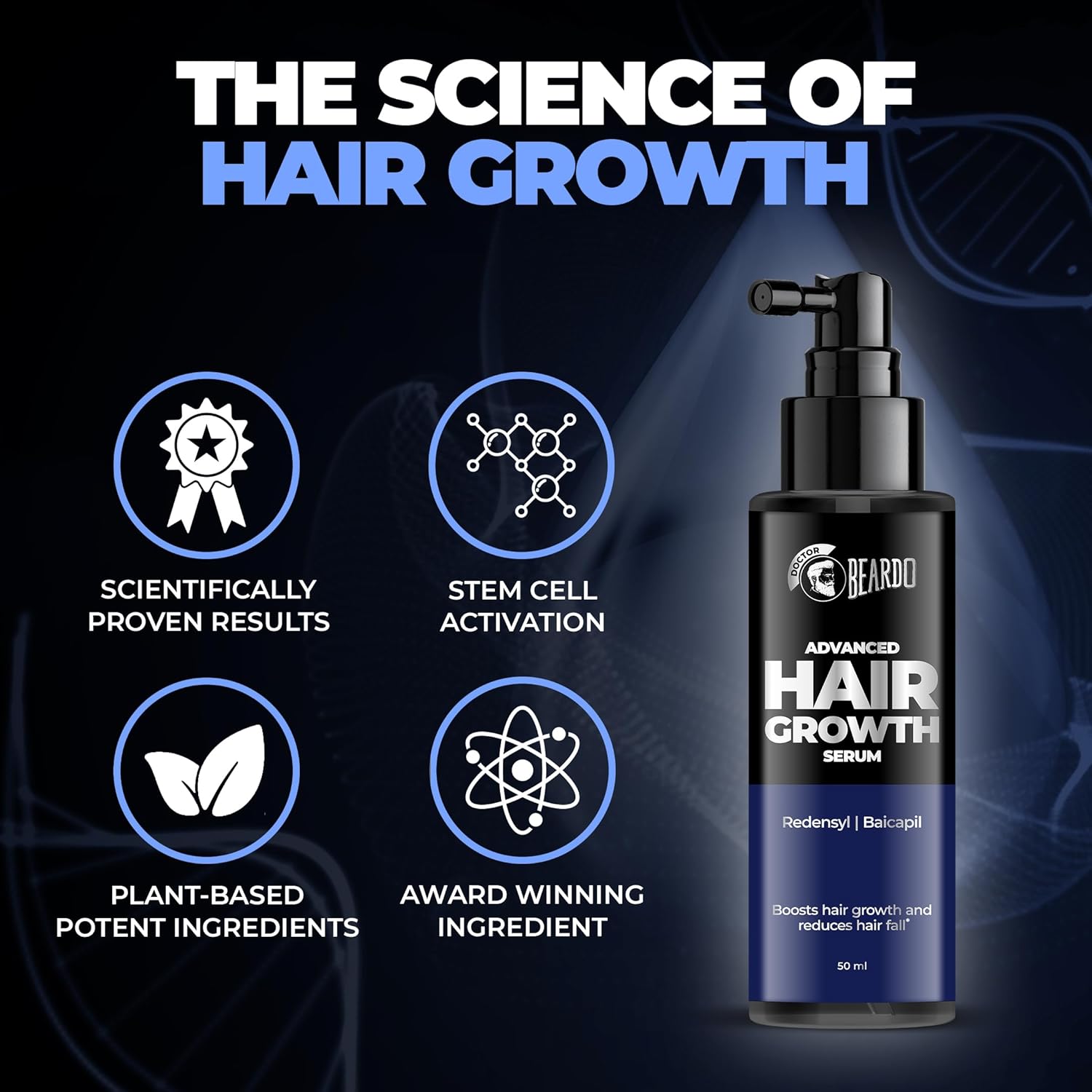 BEARDO Dr. Advanced Hair Growth Serum For Men, 50 Ml| Contains 3% Redensyl, 3% Baicapil, Rosemary | Stimulates Hair Growth, Increase Hair Density & Thickens Hair | Lightweight And Non-Sticky