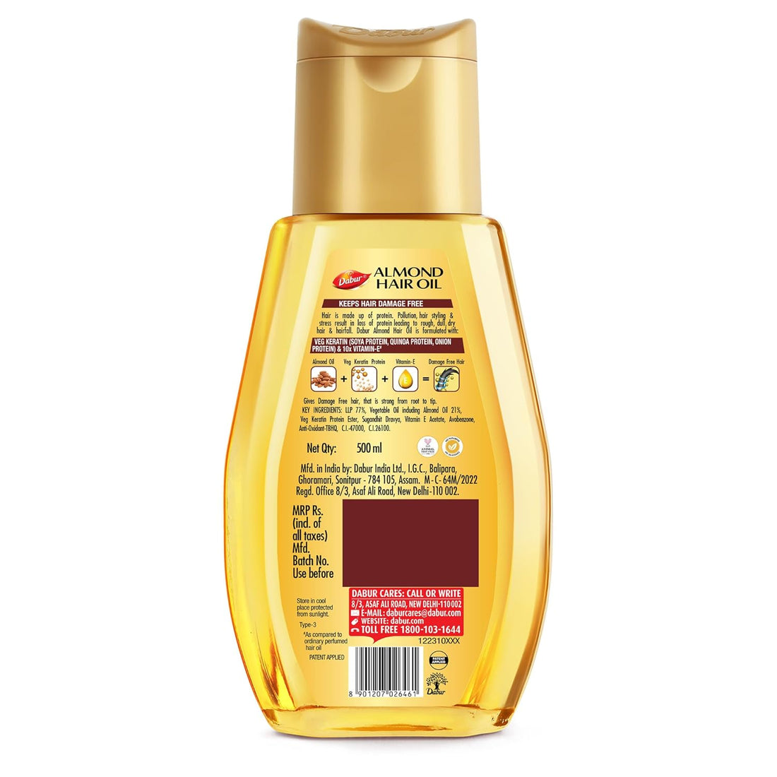 Dabur Almond Hair Oil - 500ml | Provides Damage Protection | Non Sticky Formula | For Soft & Shiny Hair | With Almonds, Keratin Protein, Soya Protein & 10X Vitamin E