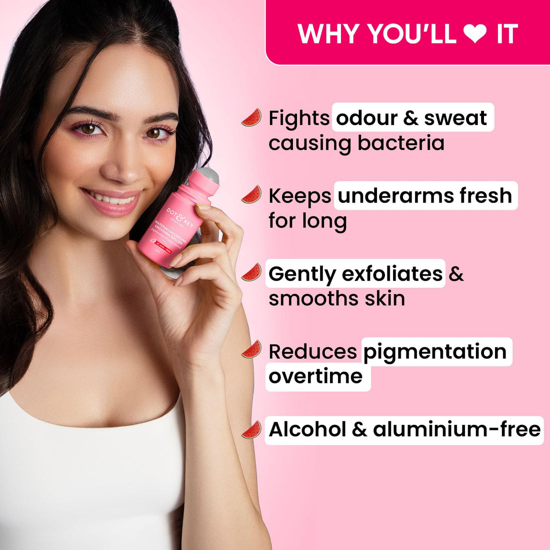 Dot & Key Watermelon Cooling Underarm Roll On | Odour & Sweat Controls | 4% AHA + BHA | Fresh Aqua Fragrance | Gently Exfoliates & Smooths Skin | For Men & Women | 50ml