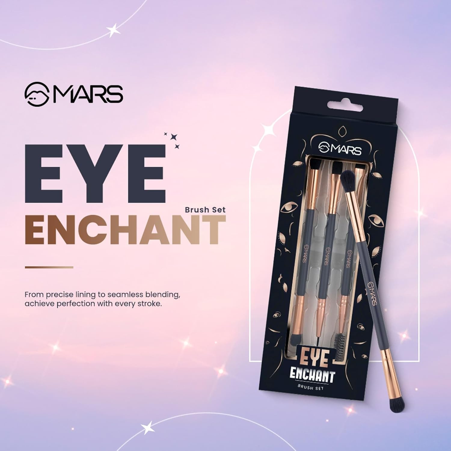 MARS Enchanted Eye Brush Set of 3 | Multipurpose Eye Makeup, Eyebrow & Liner Brushes | Soft Bristles | Compact & Travel Friendly