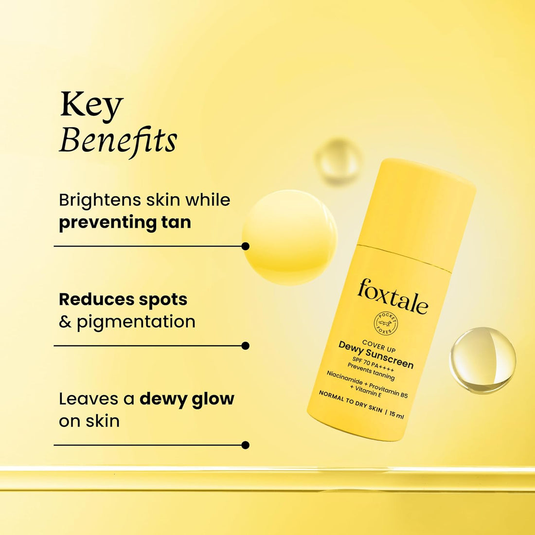 FoxTale Spf 70 Niacinamide Dewy Sunscreen With Pa++++ For Dewy Sun Protection|Tan Protection|Lightenweight|No White Cast|Non Greasy|Anti-Tan Formula|For Spot Depigmentation|Men & Women|15 Ml,All
