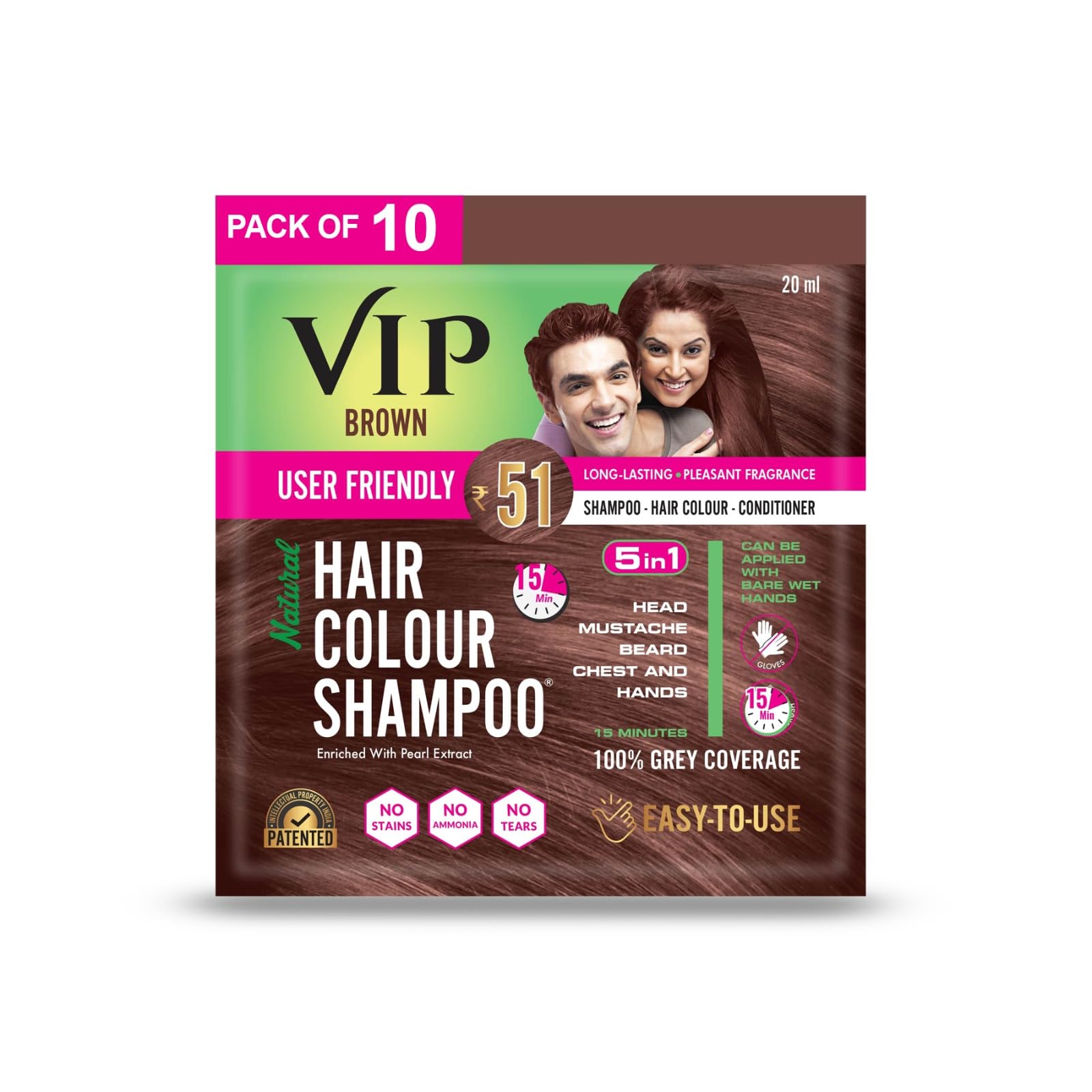 VIP Hair Color Shampoo for Men and Women 200ML (Dark Brown) (20ML Pack of 10)