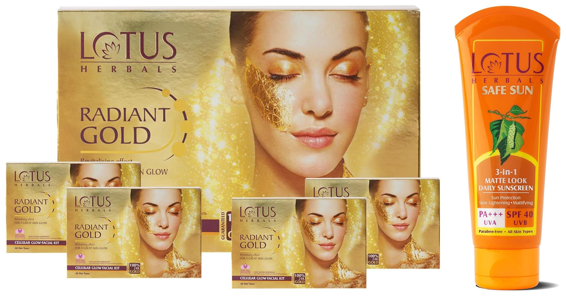 Lotus Herbals Lotus Radiant Gold Facial Kit For Instant Glow With 24K Pure Gold & Papaya ,4 Easy Steps 148G (4 Use)