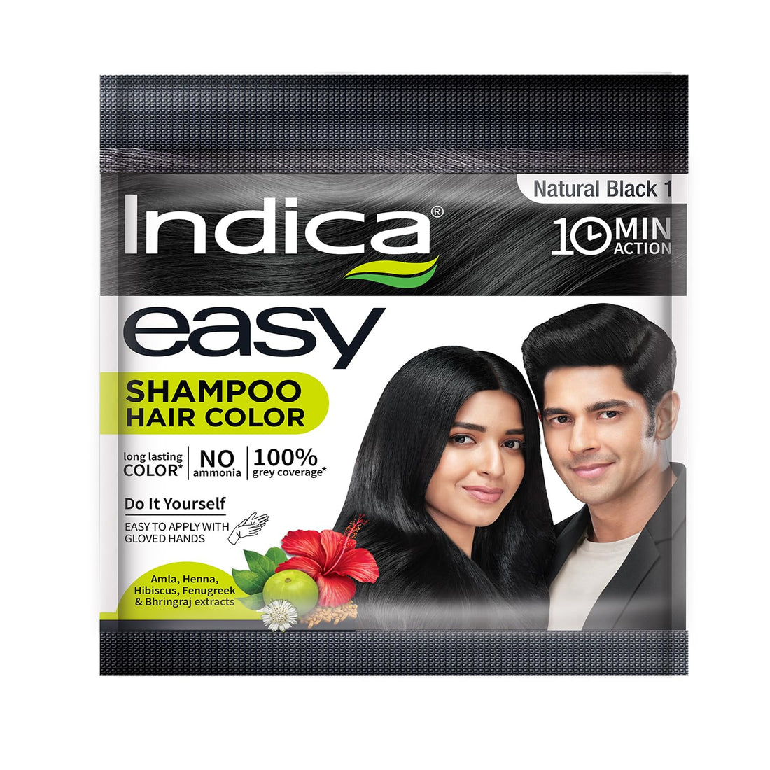 Indica 10-Minute Hair Color Shampoo | Free | Ammonia-Free with 5 Herbal Extracts | Long-Lasting Natural Black | Easy DIY Pack (12.5g+12.5ml) with Gloves