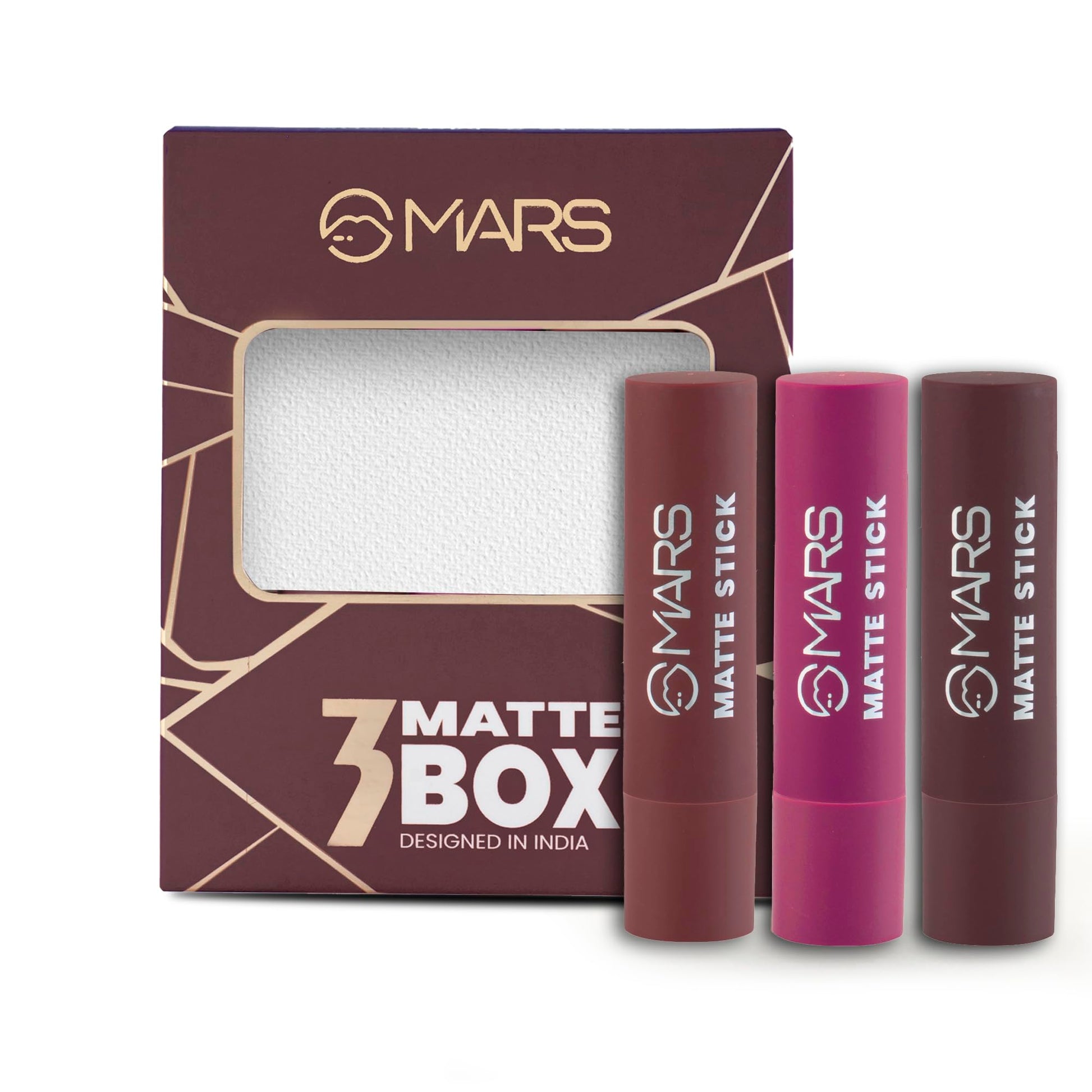 MARS Matte Box Set of 3 Lipsticks for Women | Long-Lasting | Smooth Finish | Moisturising | One Swipe Pigmentation (3x3.2 gm) (03-Plum)
