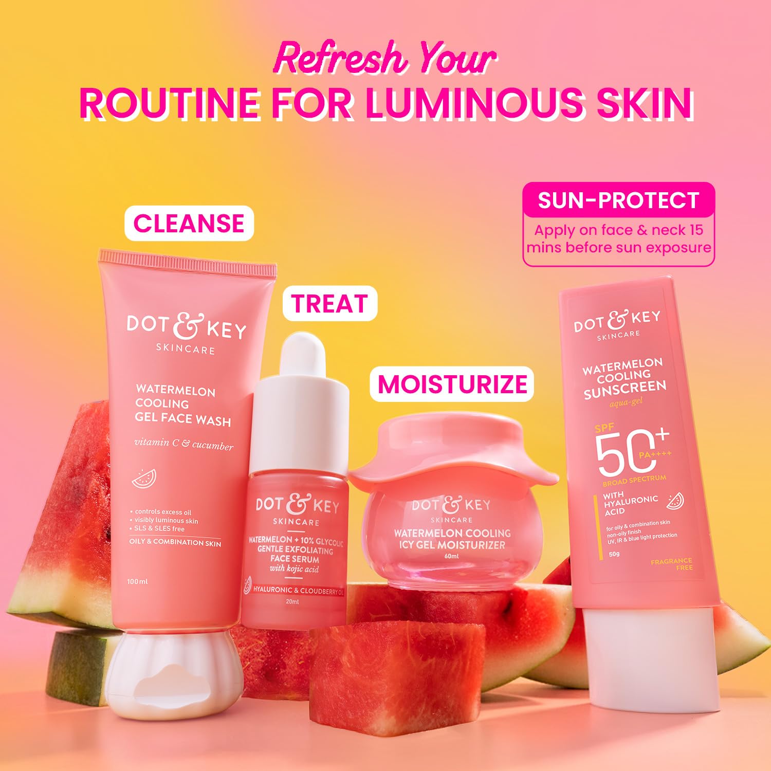 Dot & Key Watermelon Cooling Sunscreen SPF 50+ PA++++ | With Hyaluronic Acid, Instantly Cools Skin, Broad Spectrum Protection | Controls Excess Oil, Checks Tanning, No White Cast, All Skin Types | 50g