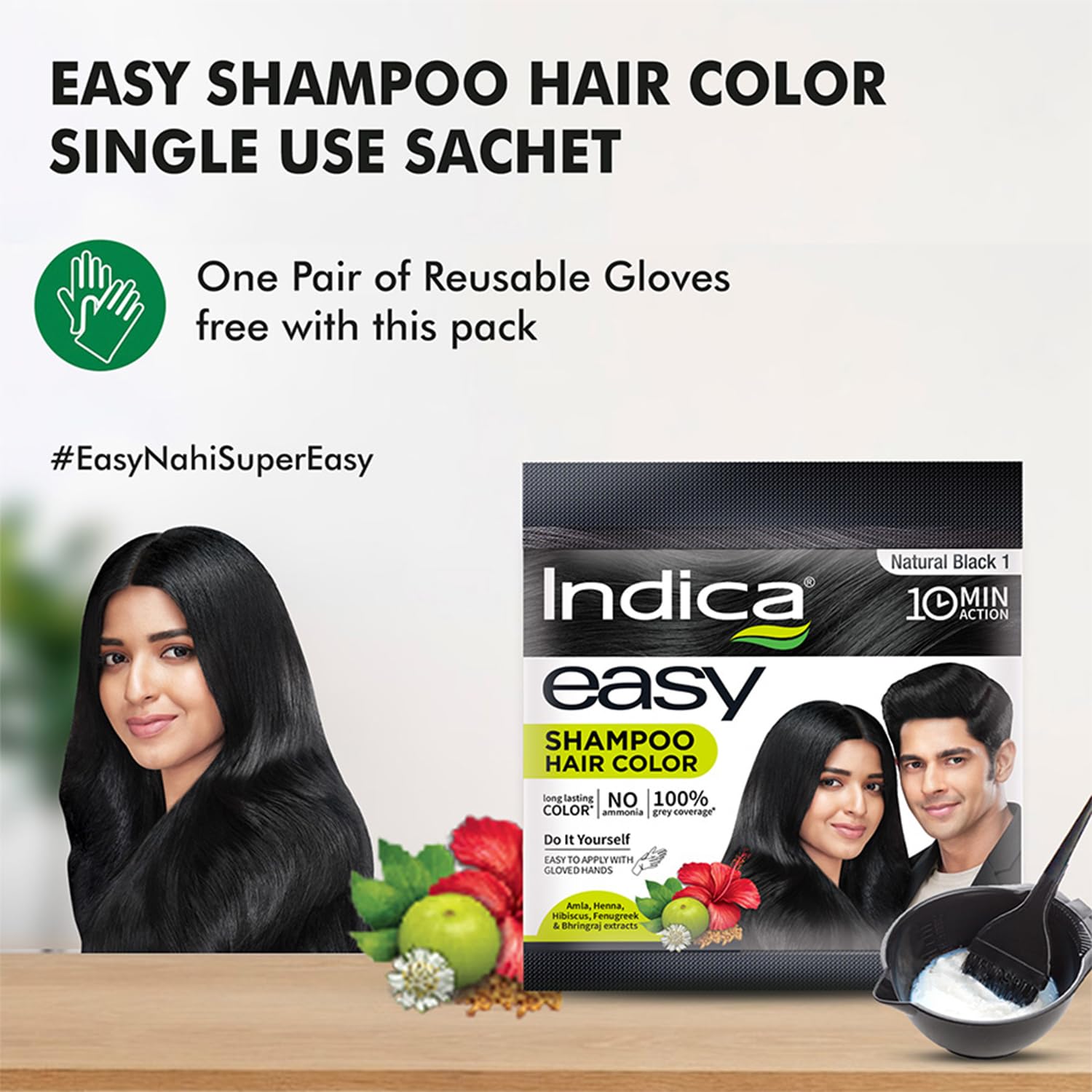 Indica 10-Minute Hair Color Shampoo | Free | Ammonia-Free with 5 Herbal Extracts | Long-Lasting Natural Black | Easy DIY Pack (12.5g+12.5ml) with Gloves