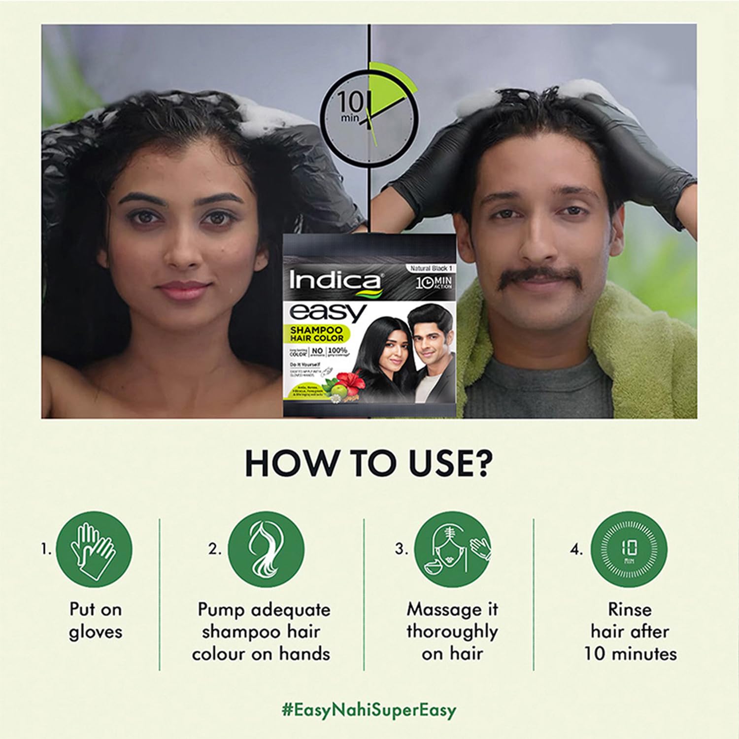 Indica 10-Minute Hair Color Shampoo | Free | Ammonia-Free with 5 Herbal Extracts | Long-Lasting Natural Black | Easy DIY Pack (12.5g+12.5ml) with Gloves