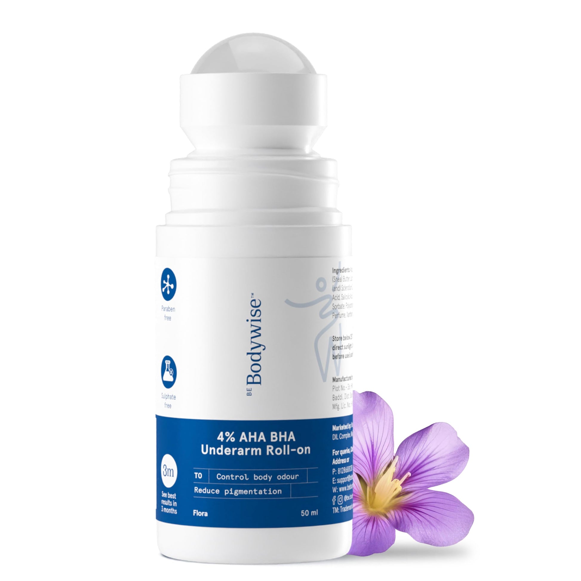 Be Bodywise 4% Aha Bha Underarm Roll On 50ml | 2% Lactic Acid, 1% Mandelic Acid, 1% Salicylic Acid | Controls Odour & Reduces Pigmentation | 0% Alcohol & 0% Aluminium | Aqua Fragrance