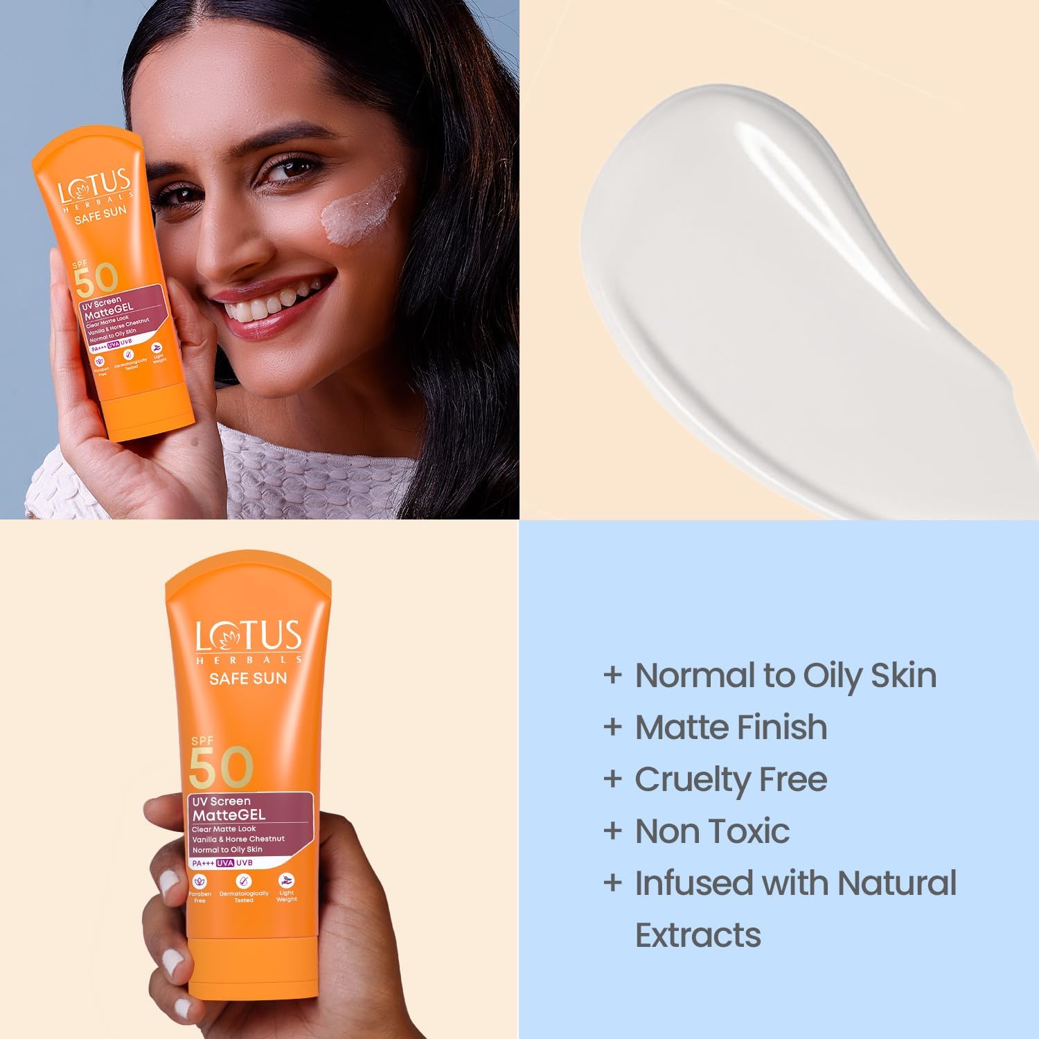 Lotus Herbals Safe Sun UV Screen Matte Gel Sunscreen with SPF 50 and PA+++ | UVA & UVB Protection | Comfrey, Vanilla, Horse Chestnut Extract | No White Cast | Suitable For Oily, Dry & Combination Skin | For Women & Men | 50g