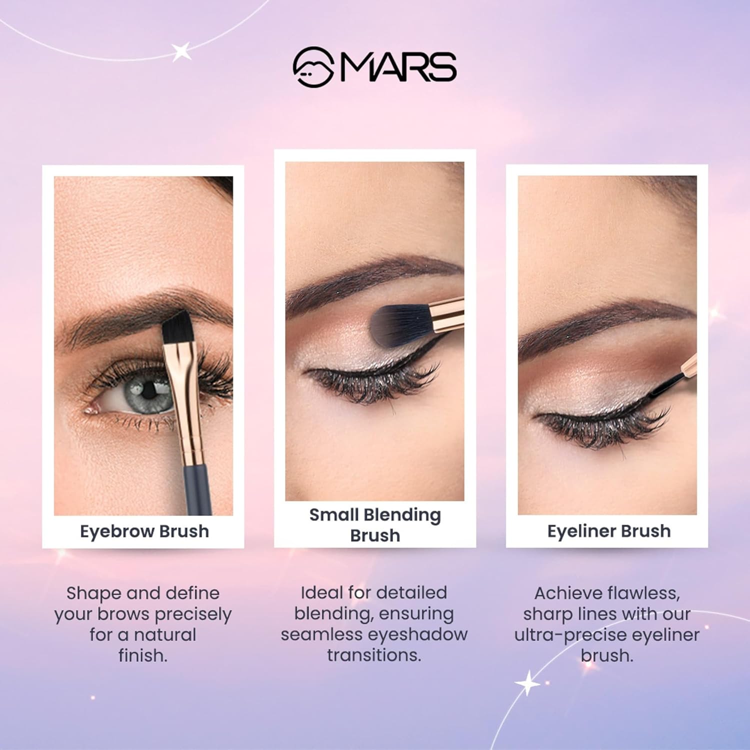 MARS Enchanted Eye Brush Set of 3 | Multipurpose Eye Makeup, Eyebrow & Liner Brushes | Soft Bristles | Compact & Travel Friendly
