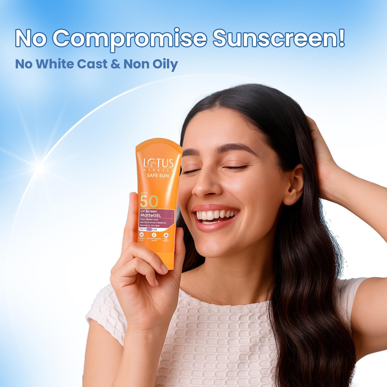 Lotus Herbals Safe Sun UV Screen Matte Gel Sunscreen with SPF 50 and PA+++ | UVA & UVB Protection | Comfrey, Vanilla, Horse Chestnut Extract | No White Cast | Suitable For Oily, Dry & Combination Skin | For Women & Men | 50g